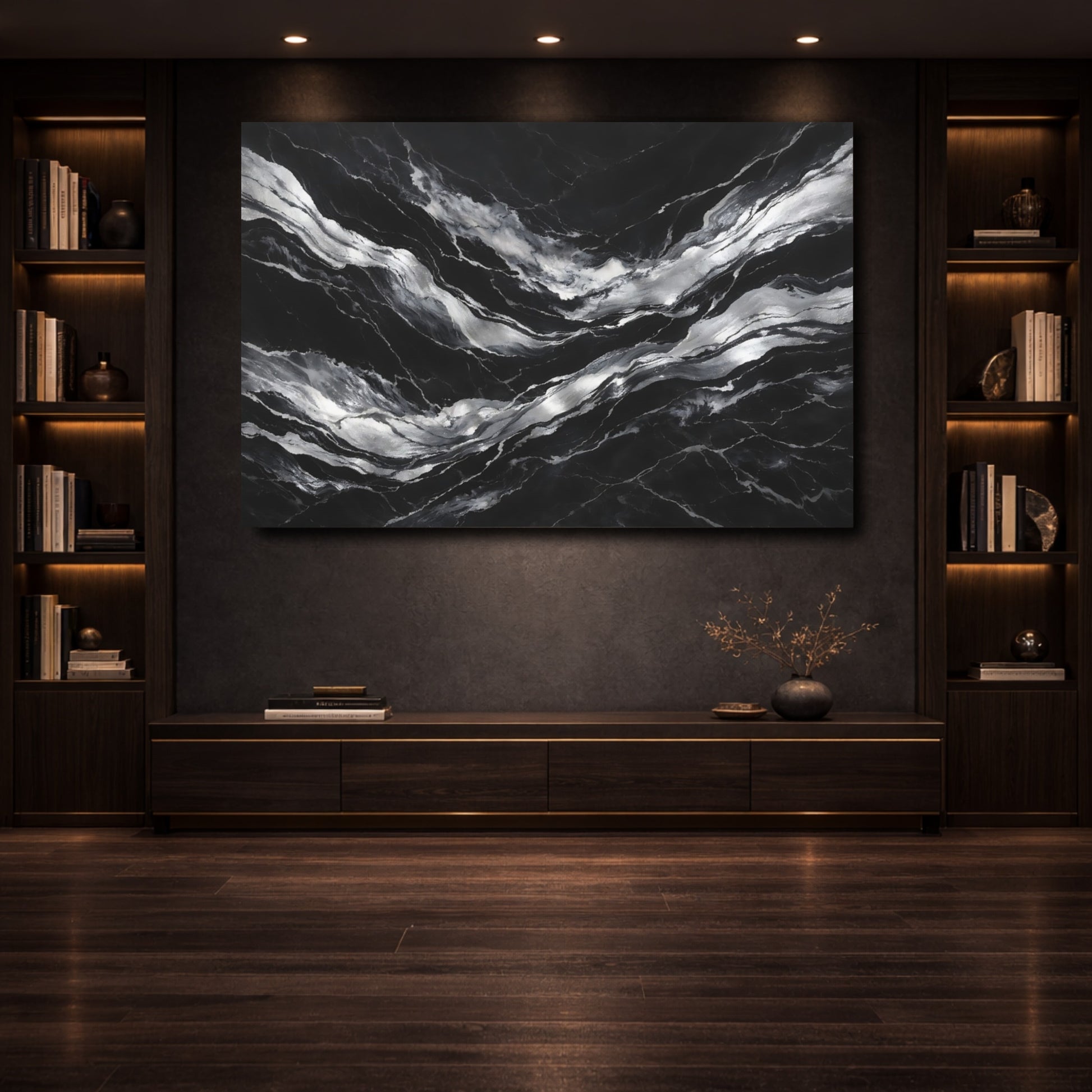 Mockup 3. Abstract Marble Veins Black And Silver shown as stretched canvas wall art
