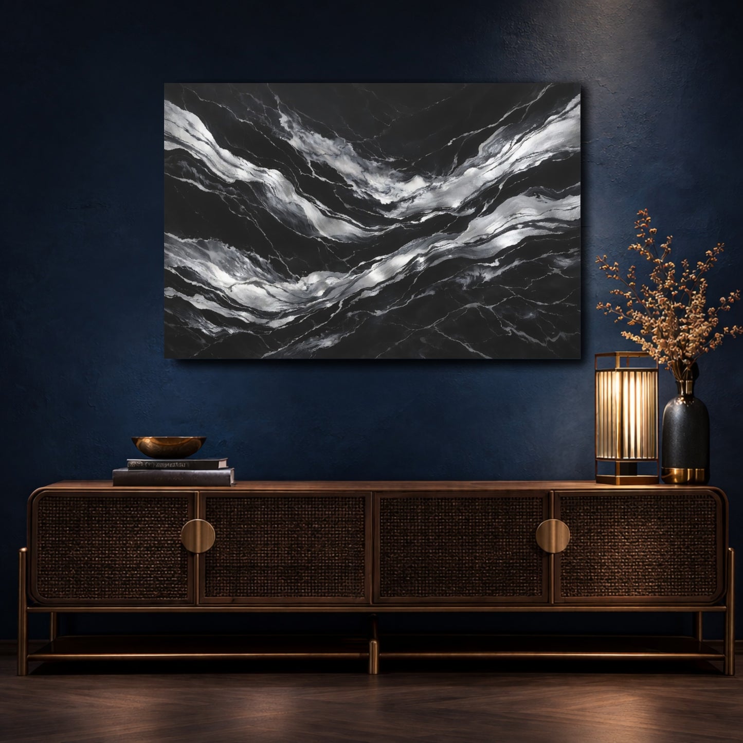 Mockup 4. Abstract Marble Veins Black And Silver shown as stretched canvas wall art