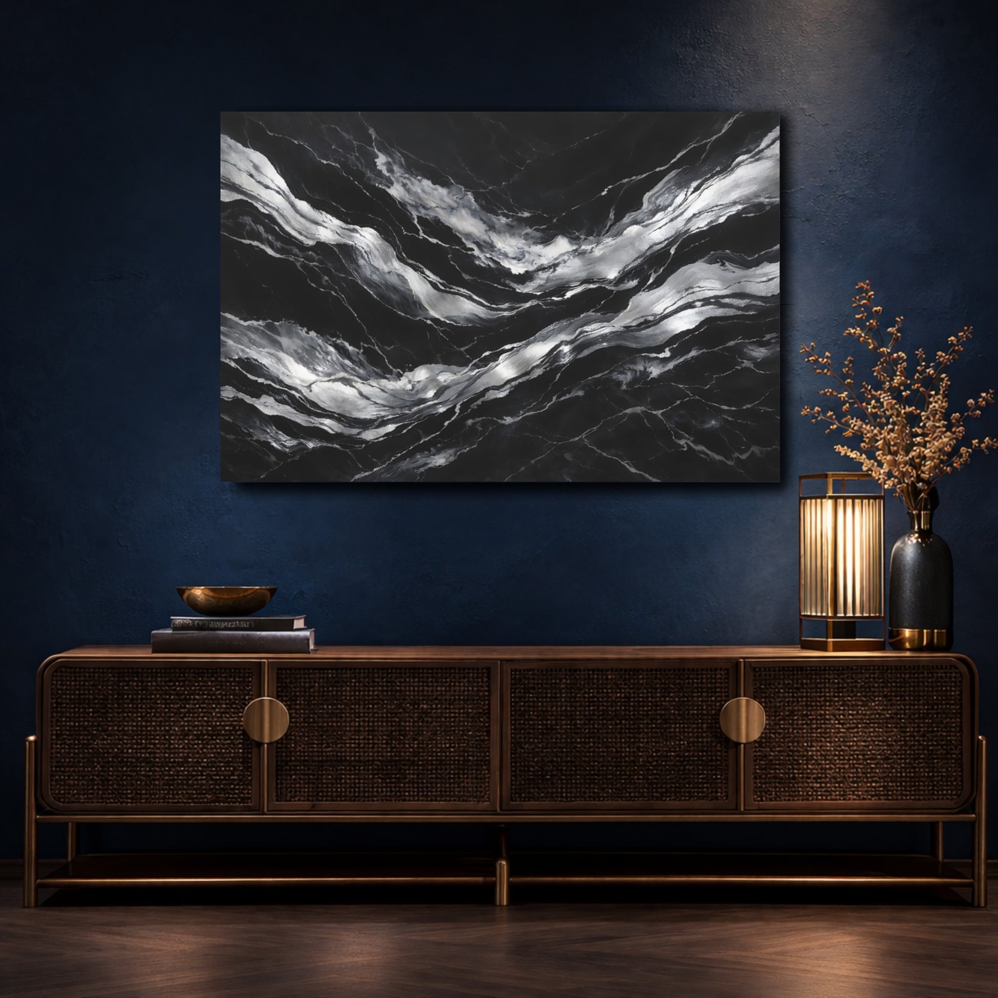 Mockup 4. Abstract Marble Veins Black And Silver shown as stretched canvas wall art