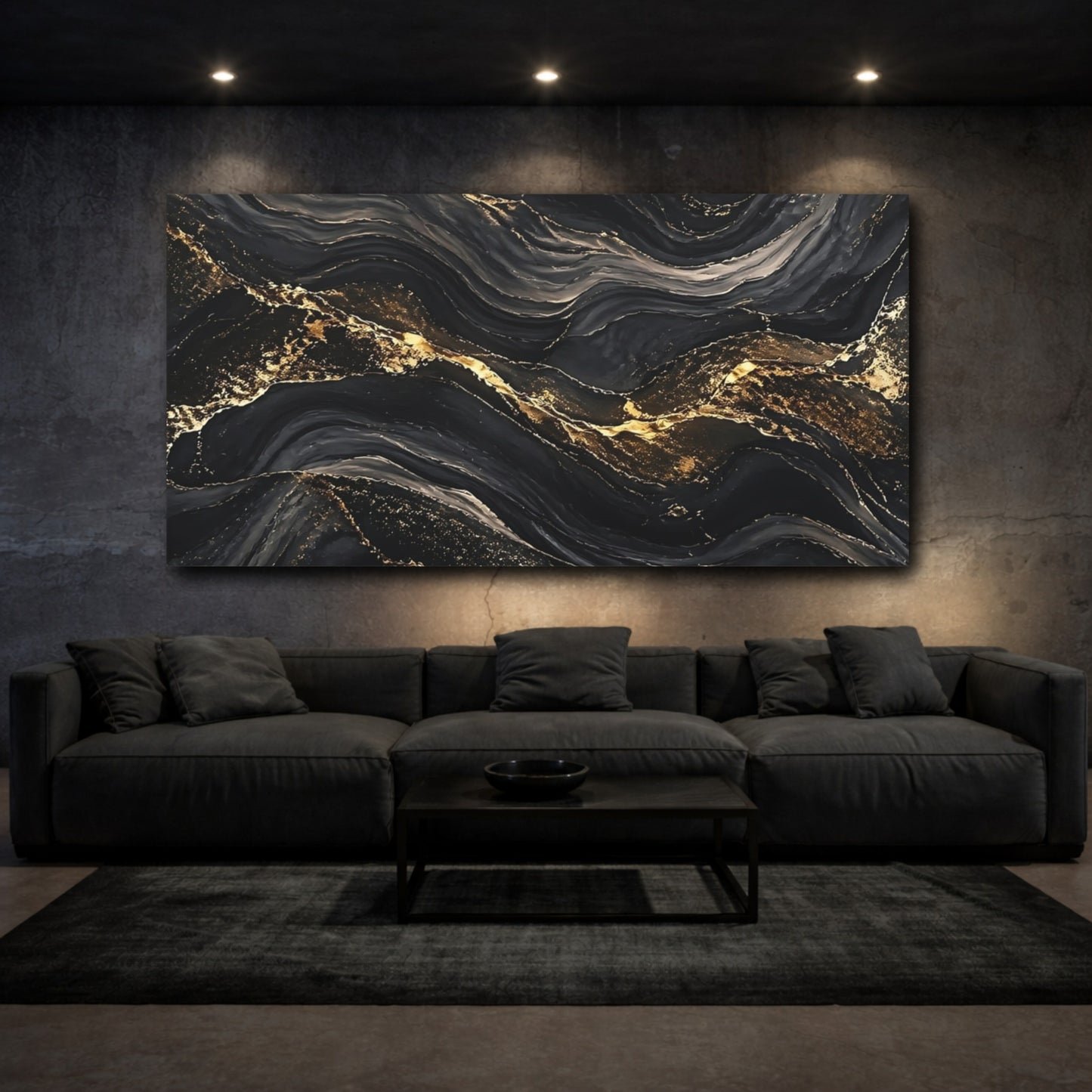 Mockup 2. Abstract Marble Veins Black Gold Abstract shown as stretched canvas wall art