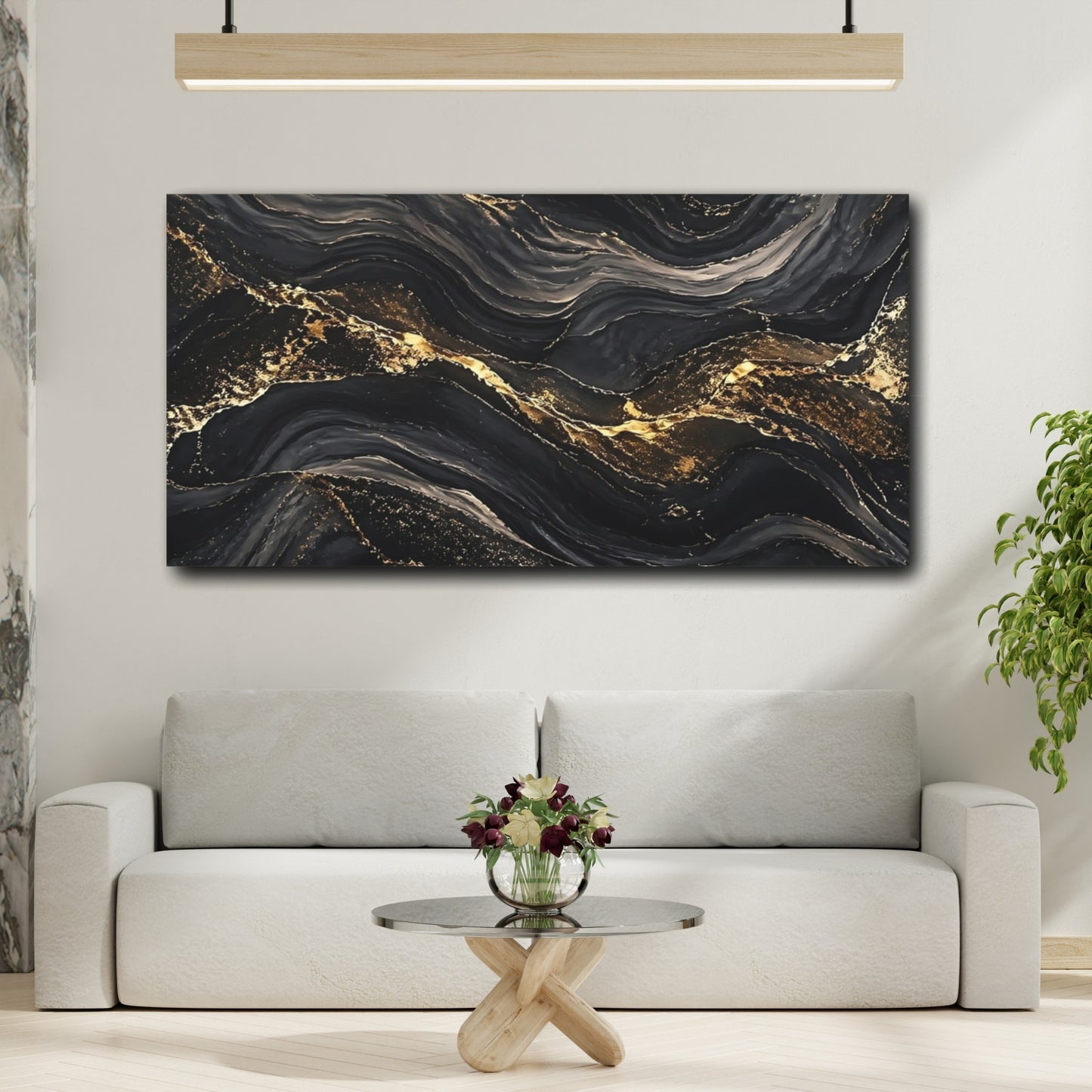 Mockup 3. Abstract Marble Veins Black Gold Abstract shown as stretched canvas wall art