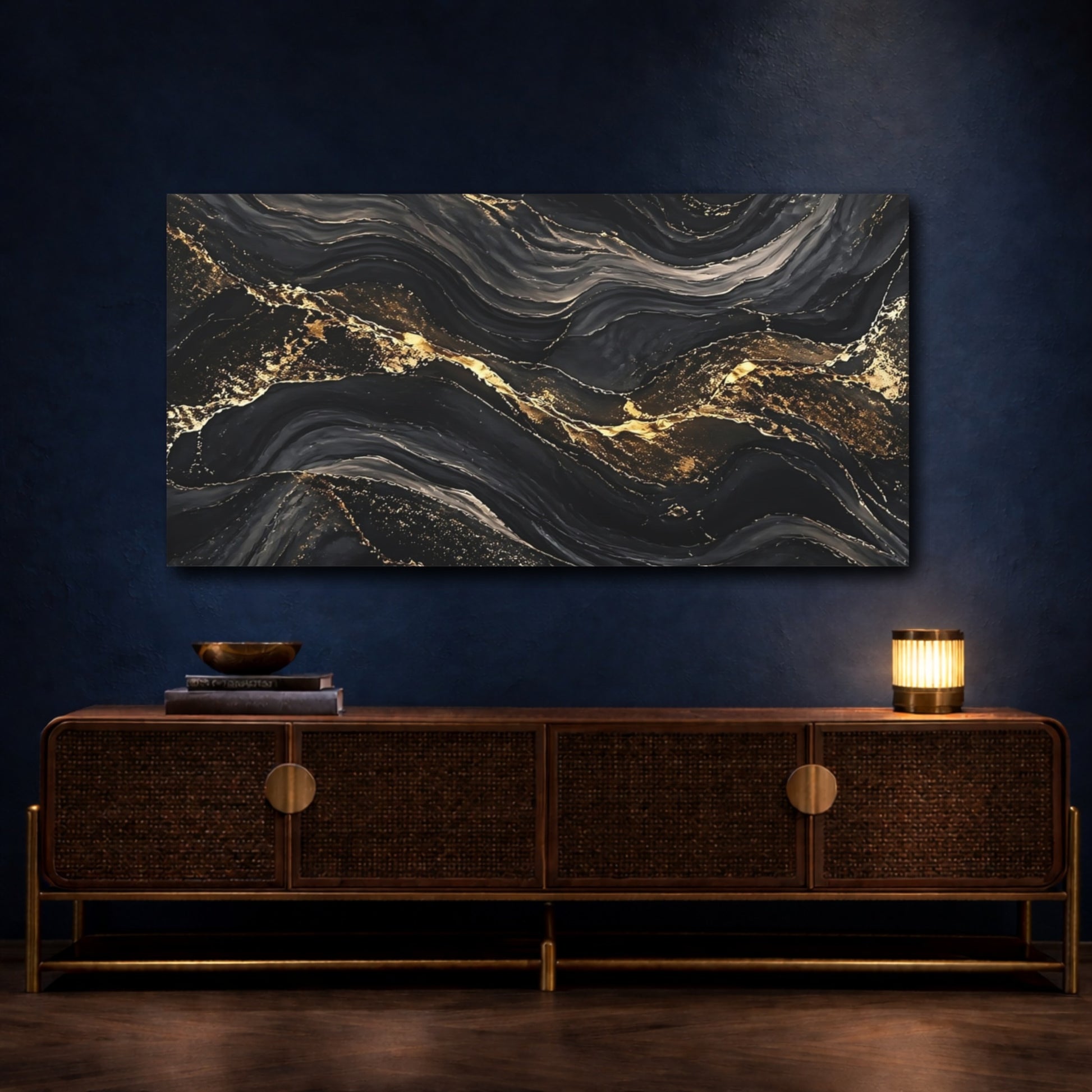 Mockup 4. Abstract Marble Veins Black Gold Abstract shown as stretched canvas wall art