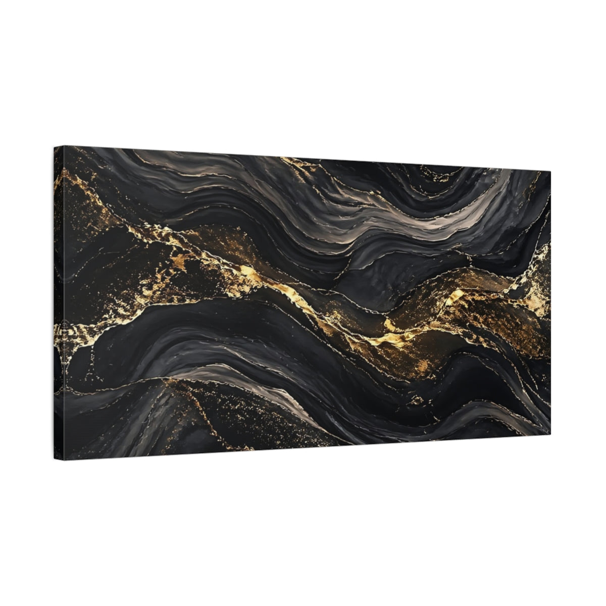Side Mockup 1. Abstract Marble Veins Black Gold Abstract shown as stretched canvas wall art