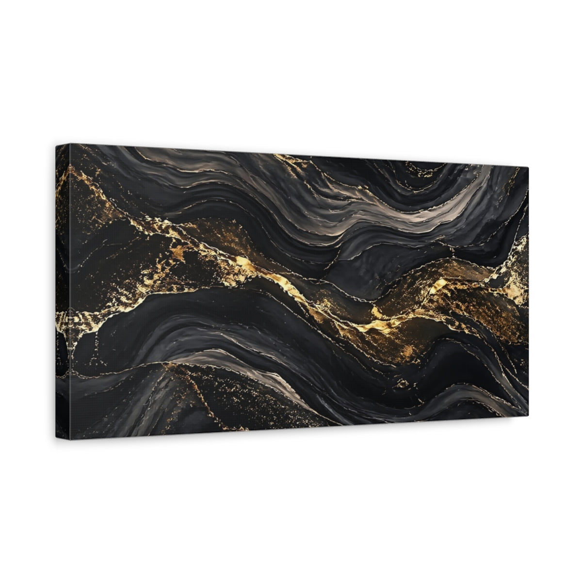 Side Mockup 3. Abstract Marble Veins Black Gold Abstract shown as stretched canvas wall art