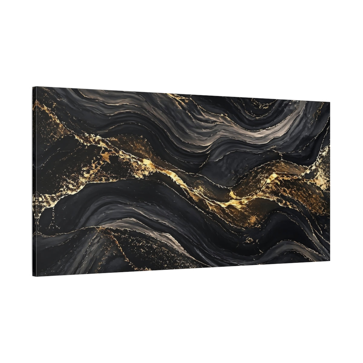 Side Mockup 2. Abstract Marble Veins Black Gold Abstract shown as stretched canvas wall art