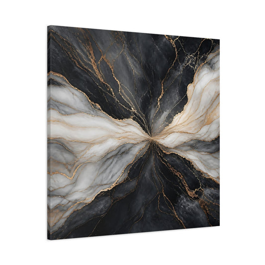 Main Mockup. Abstract Marble Veins Black White Gold shown as stretched canvas wall art