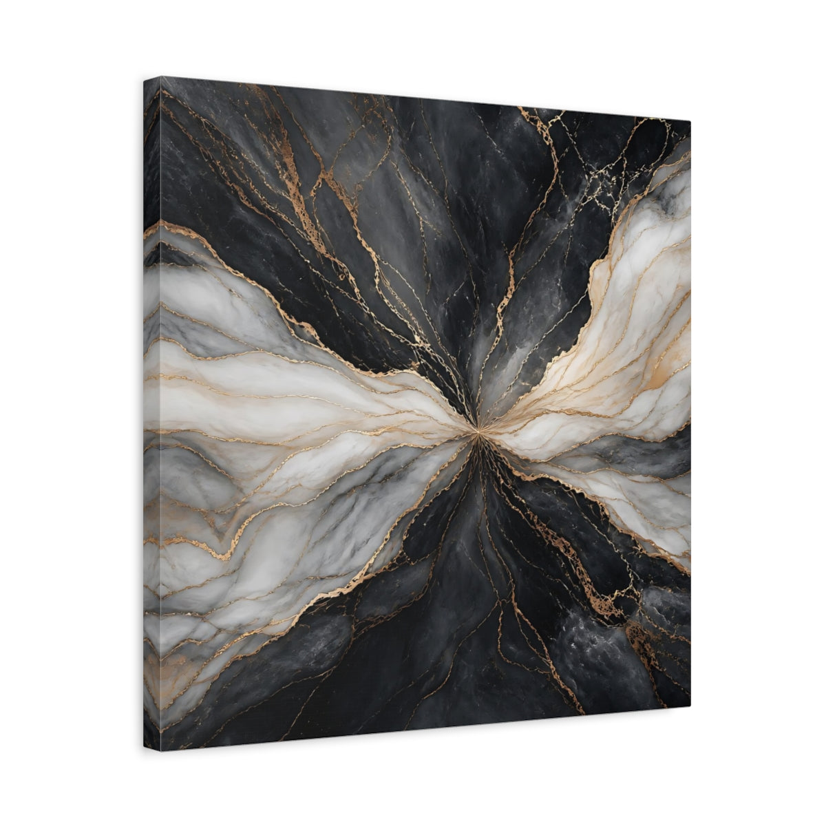 Side Mockup 5. Abstract Marble Veins Black White Gold shown as stretched canvas wall art