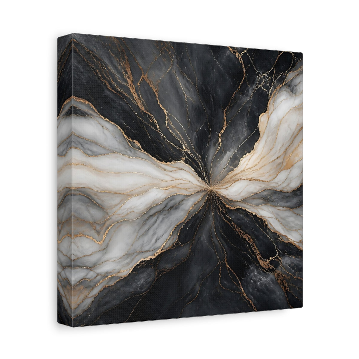 Side Mockup 9. Abstract Marble Veins Black White Gold shown as stretched canvas wall art