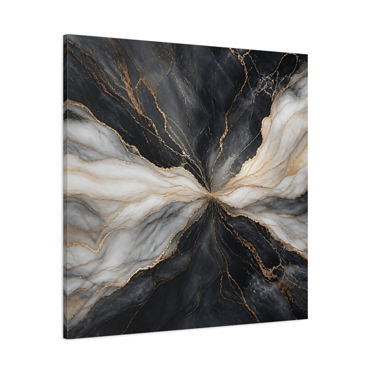 Side Mockup 1. Abstract Marble Veins Black White Gold shown as stretched canvas wall art