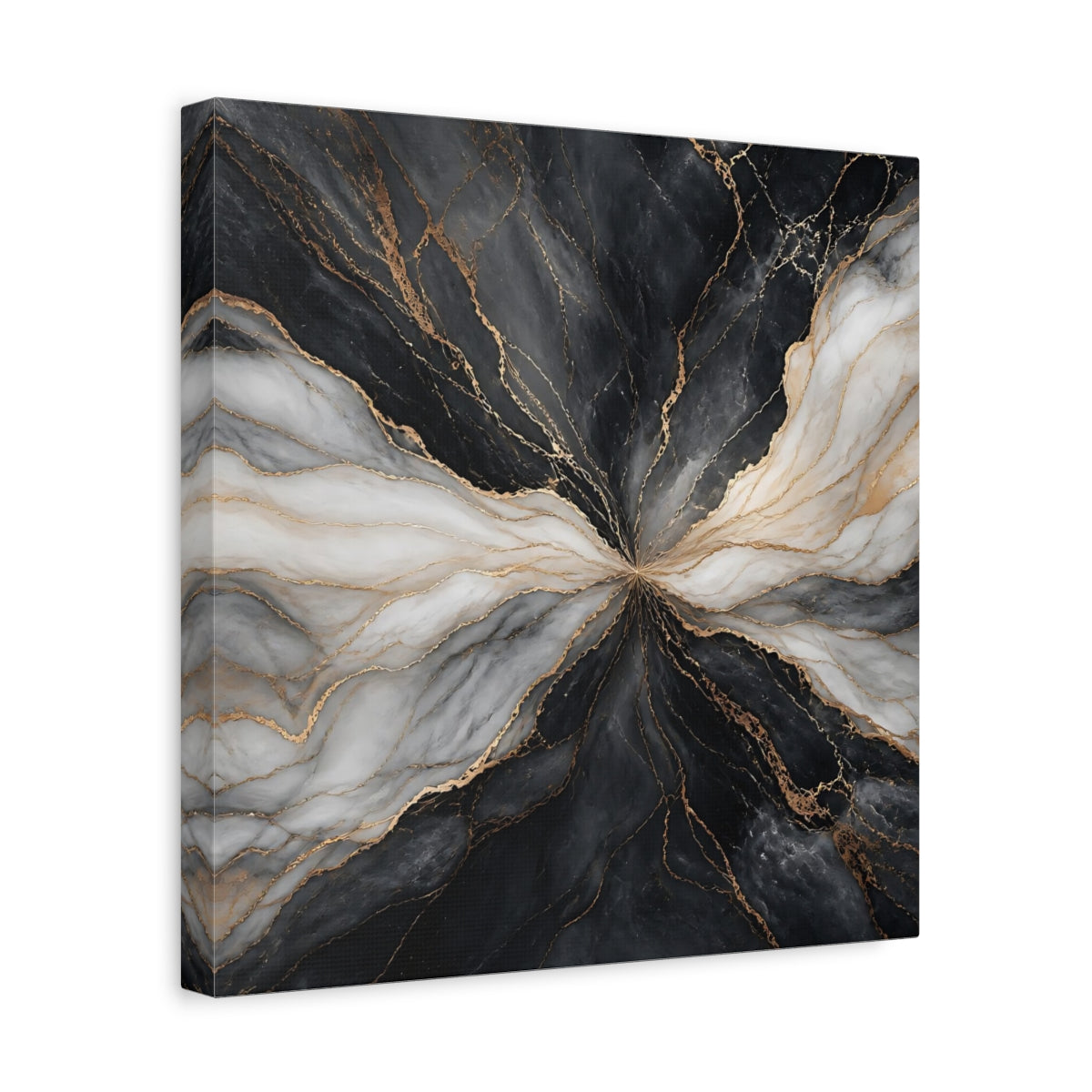 Side Mockup 7. Abstract Marble Veins Black White Gold shown as stretched canvas wall art
