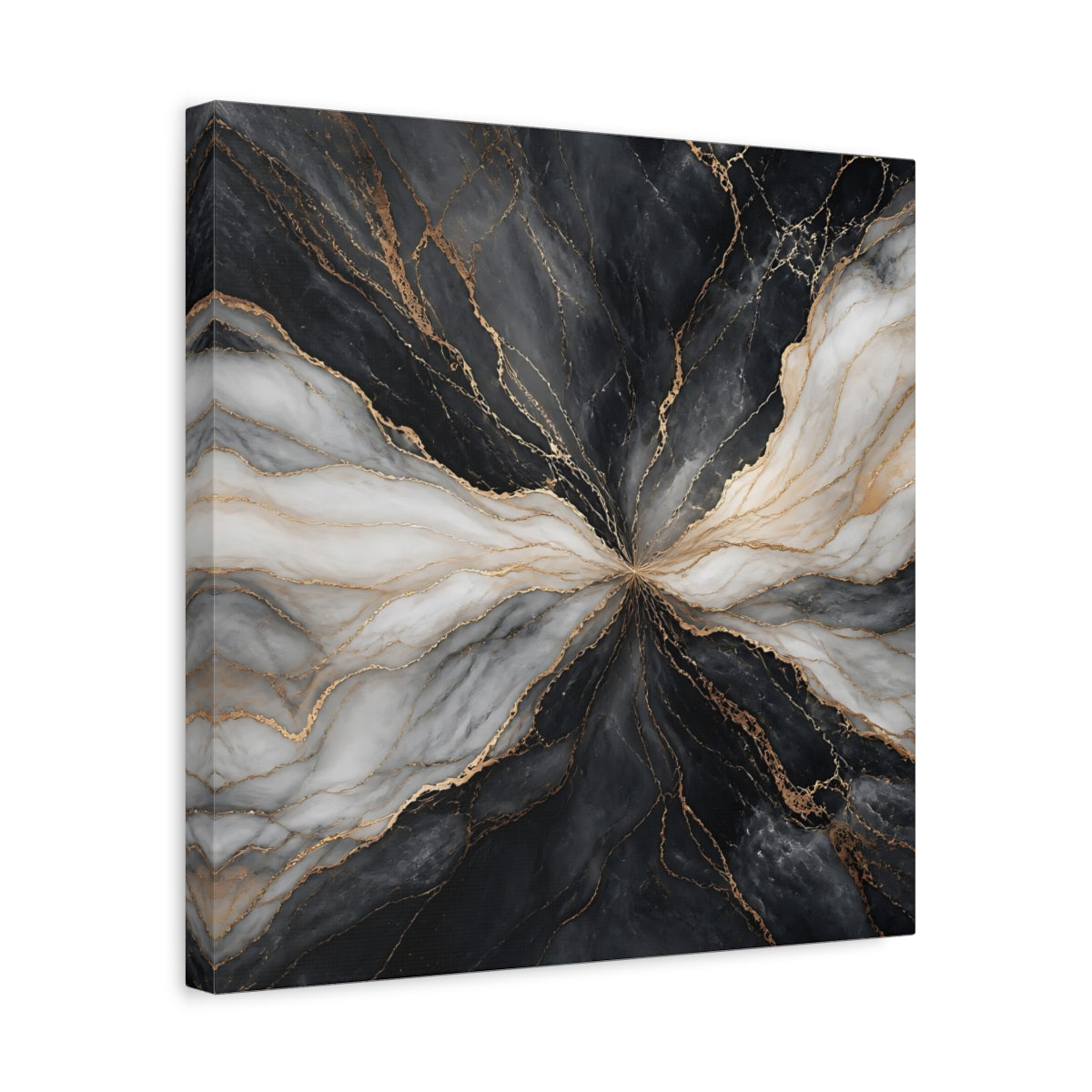 Side Mockup 6. Abstract Marble Veins Black White Gold shown as stretched canvas wall art