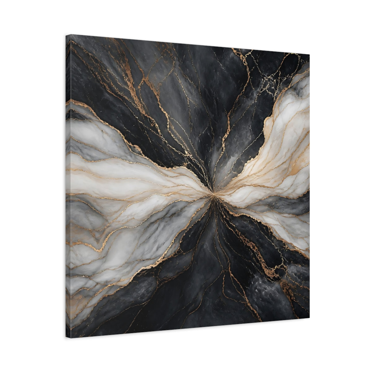 Side Mockup 3. Abstract Marble Veins Black White Gold shown as stretched canvas wall art