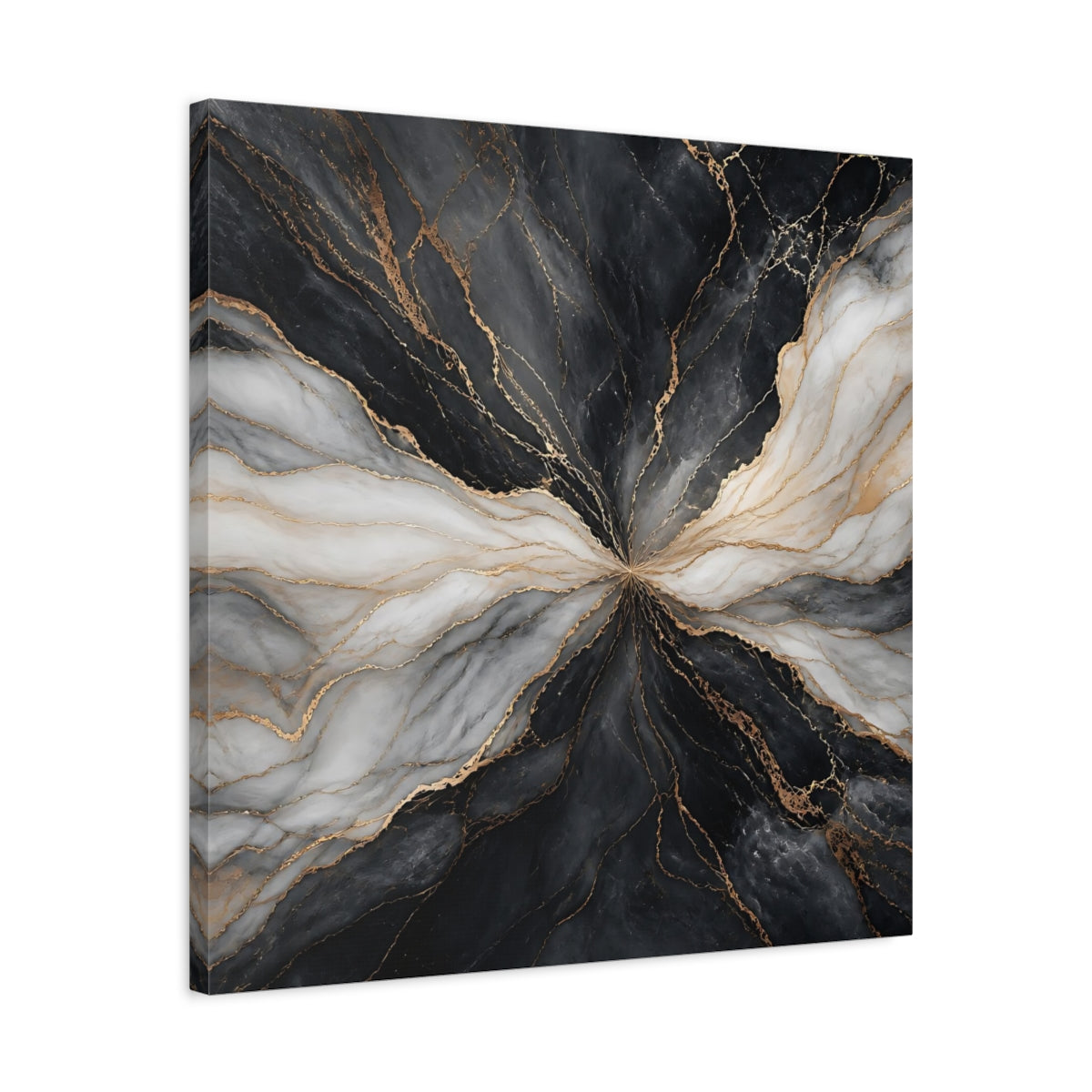 Side Mockup 4. Abstract Marble Veins Black White Gold shown as stretched canvas wall art