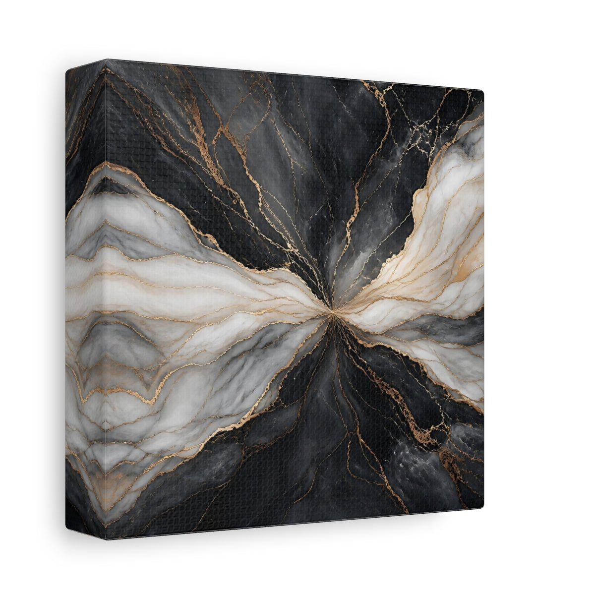 Side Mockup 2. Abstract Marble Veins Black White Gold shown as stretched canvas wall art