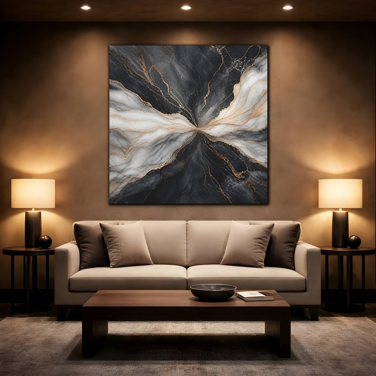 Mockup 2. Abstract Marble Veins Black White Gold shown as stretched canvas wall art