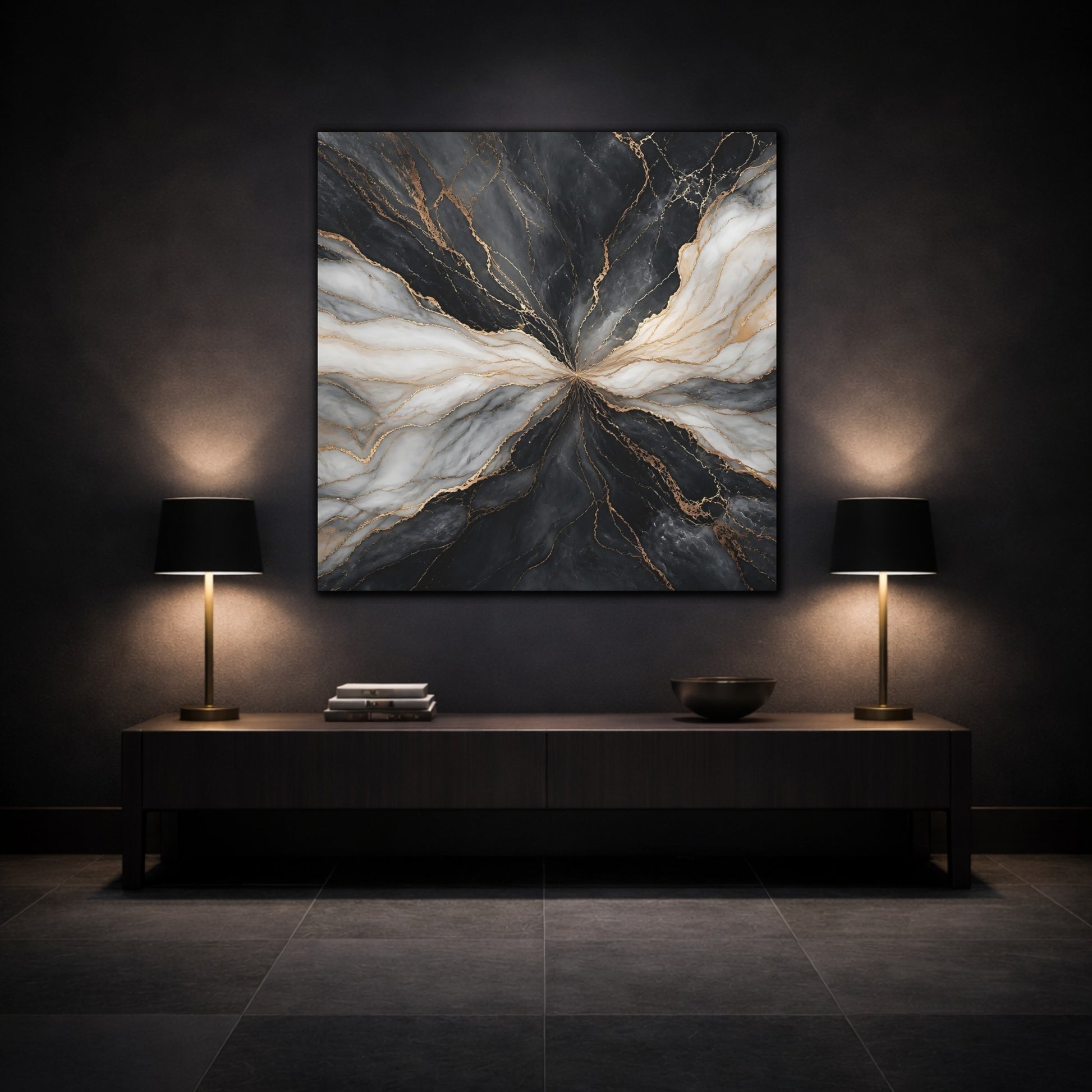 Mockup 3. Abstract Marble Veins Black White Gold shown as stretched canvas wall art