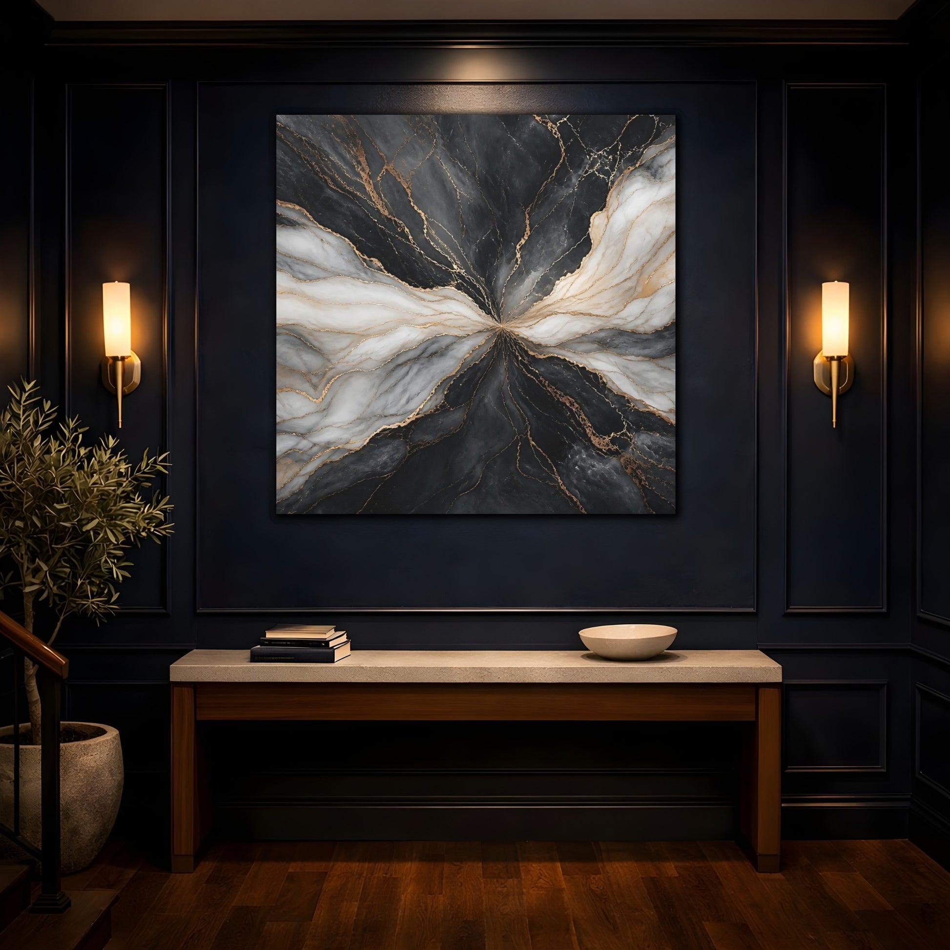 Mockup 4. Abstract Marble Veins Black White Gold shown as stretched canvas wall art