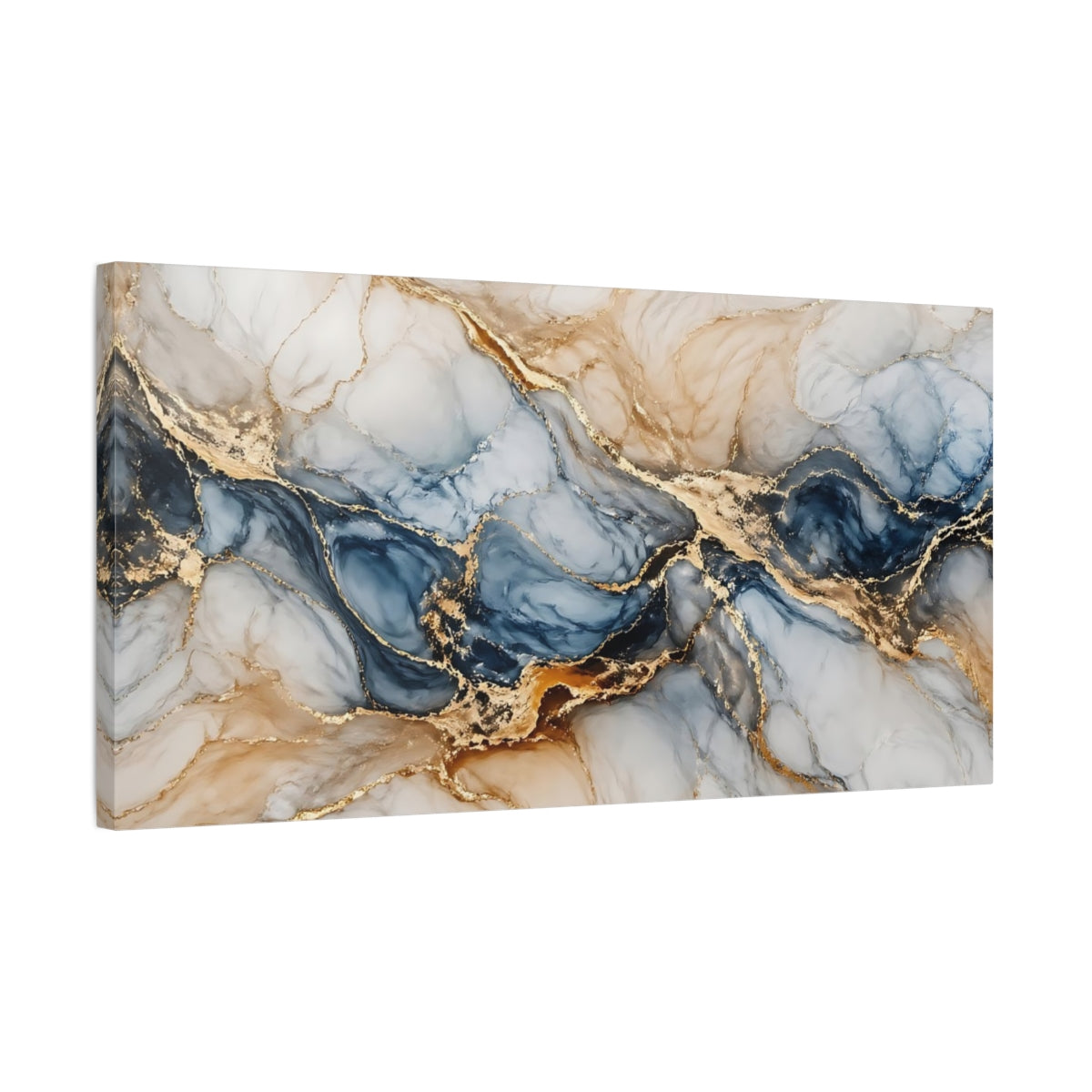 Side Mockup 1. Abstract Marble Veins Blue Gold Marble shown as stretched canvas wall art