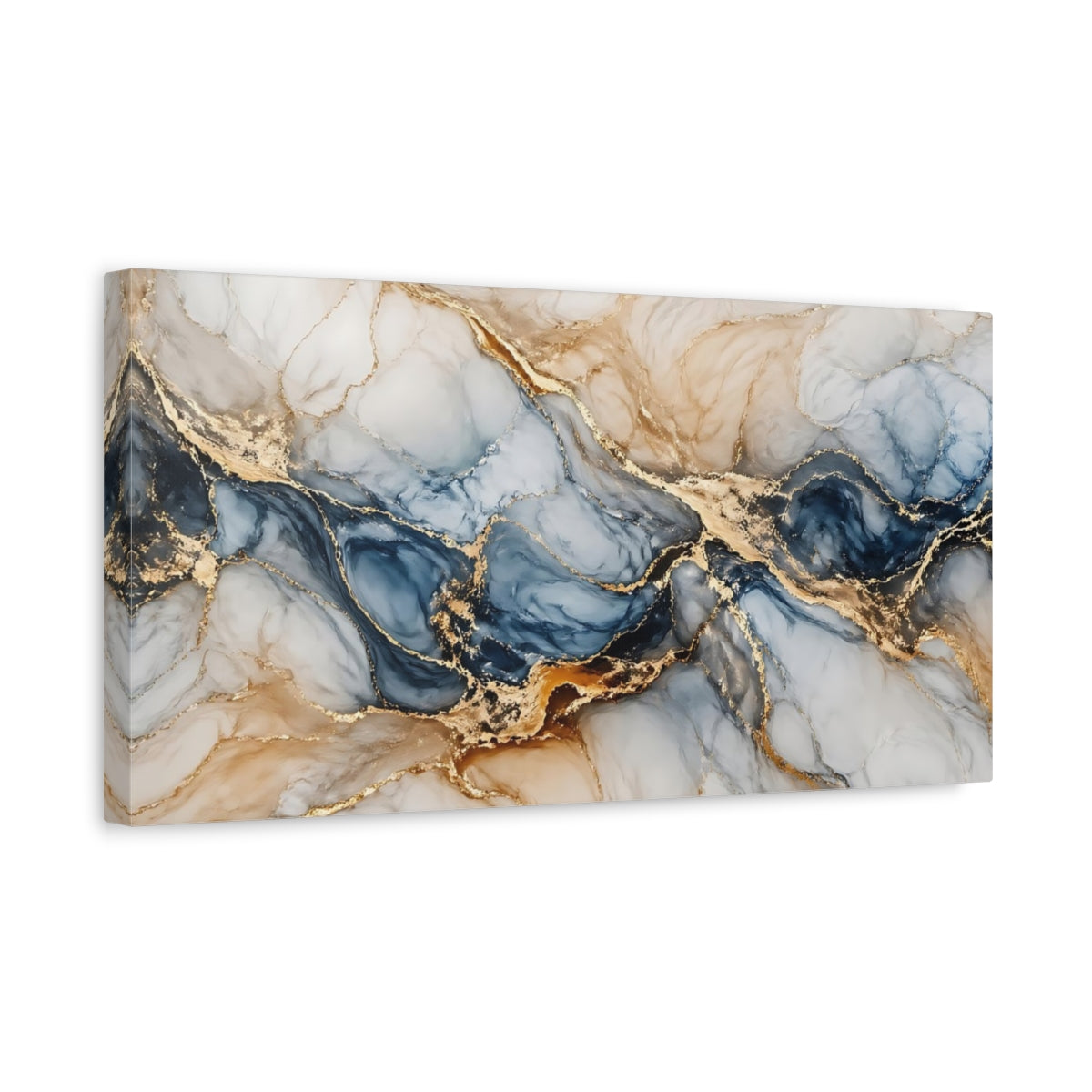 Side Mockup 3. Abstract Marble Veins Blue Gold Marble shown as stretched canvas wall art