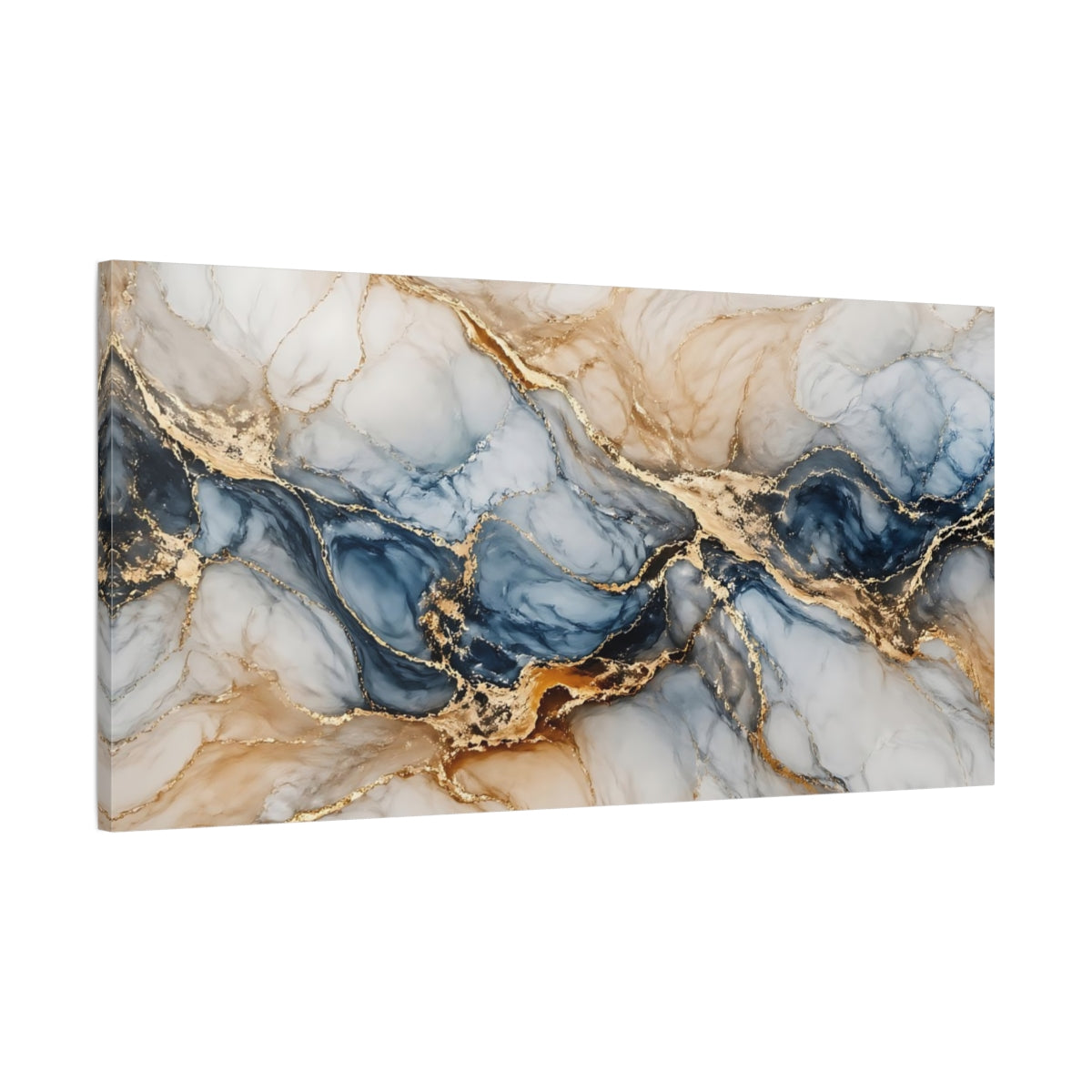 Main Mockup. Abstract Marble Veins Blue Gold Marble shown as stretched canvas wall art