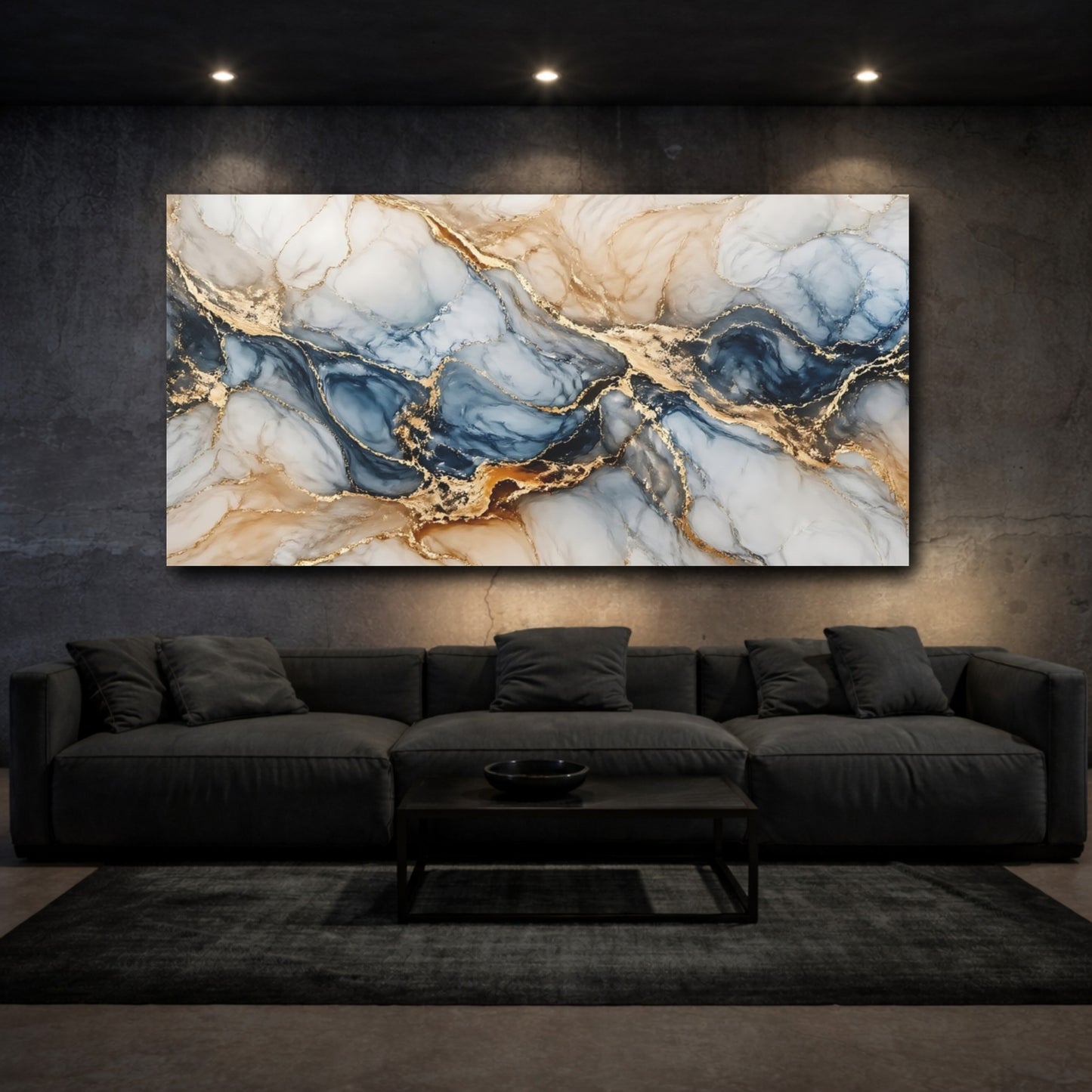 Mockup 2. Abstract Marble Veins Blue Gold Marble shown as stretched canvas wall art