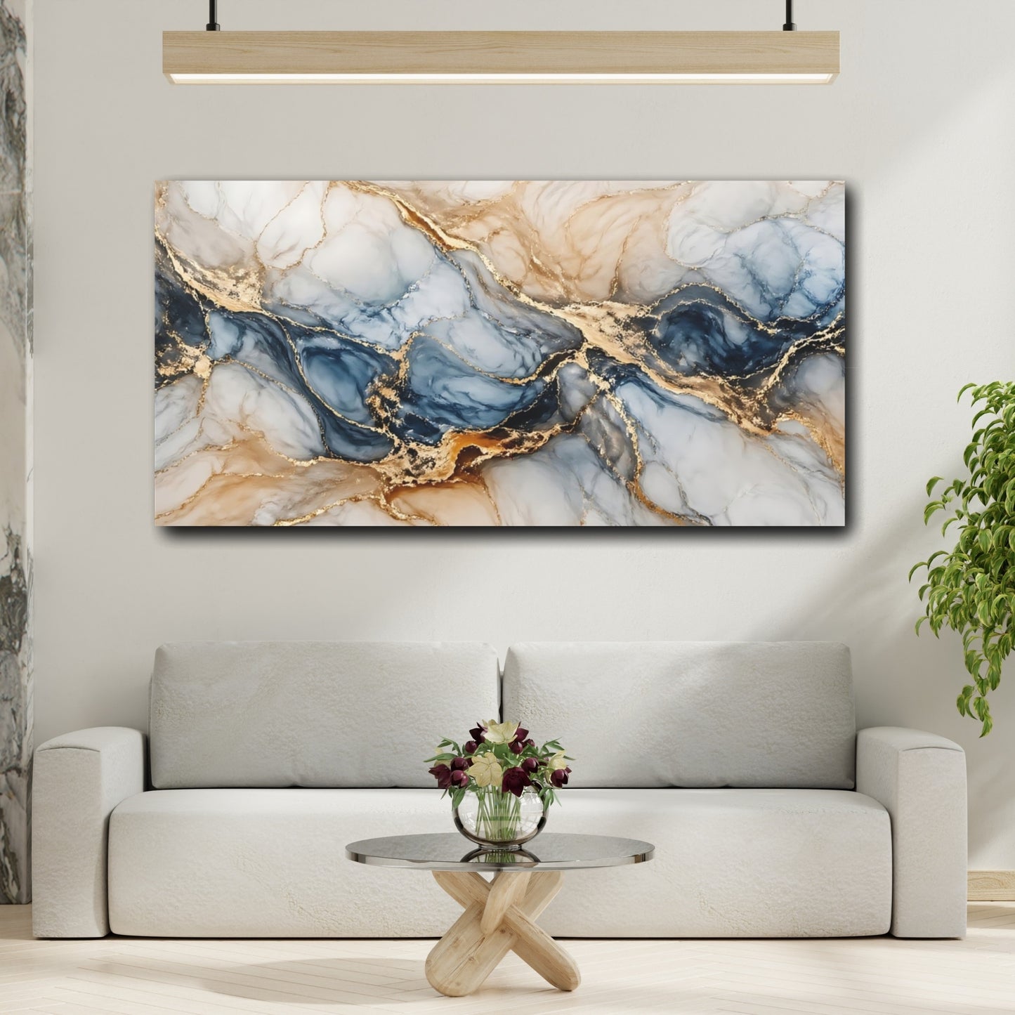 Mockup 3. Abstract Marble Veins Blue Gold Marble shown as stretched canvas wall art