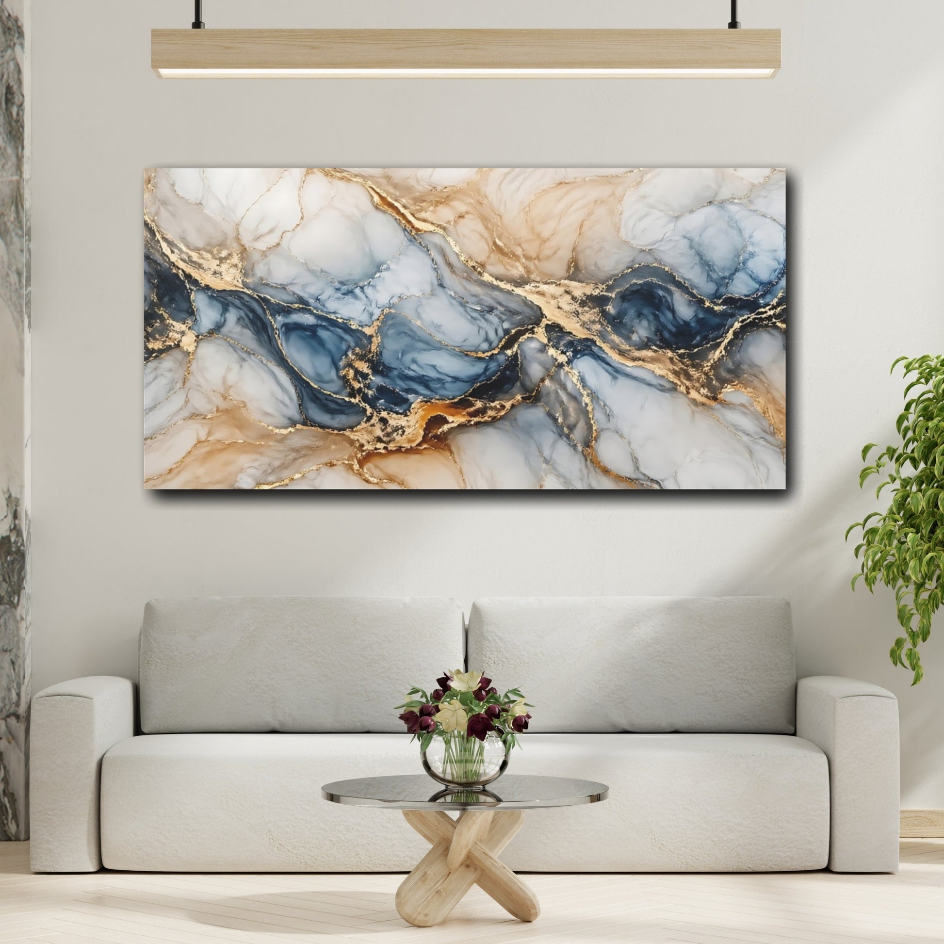 Mockup 3. Abstract Marble Veins Blue Gold Marble shown as stretched canvas wall art