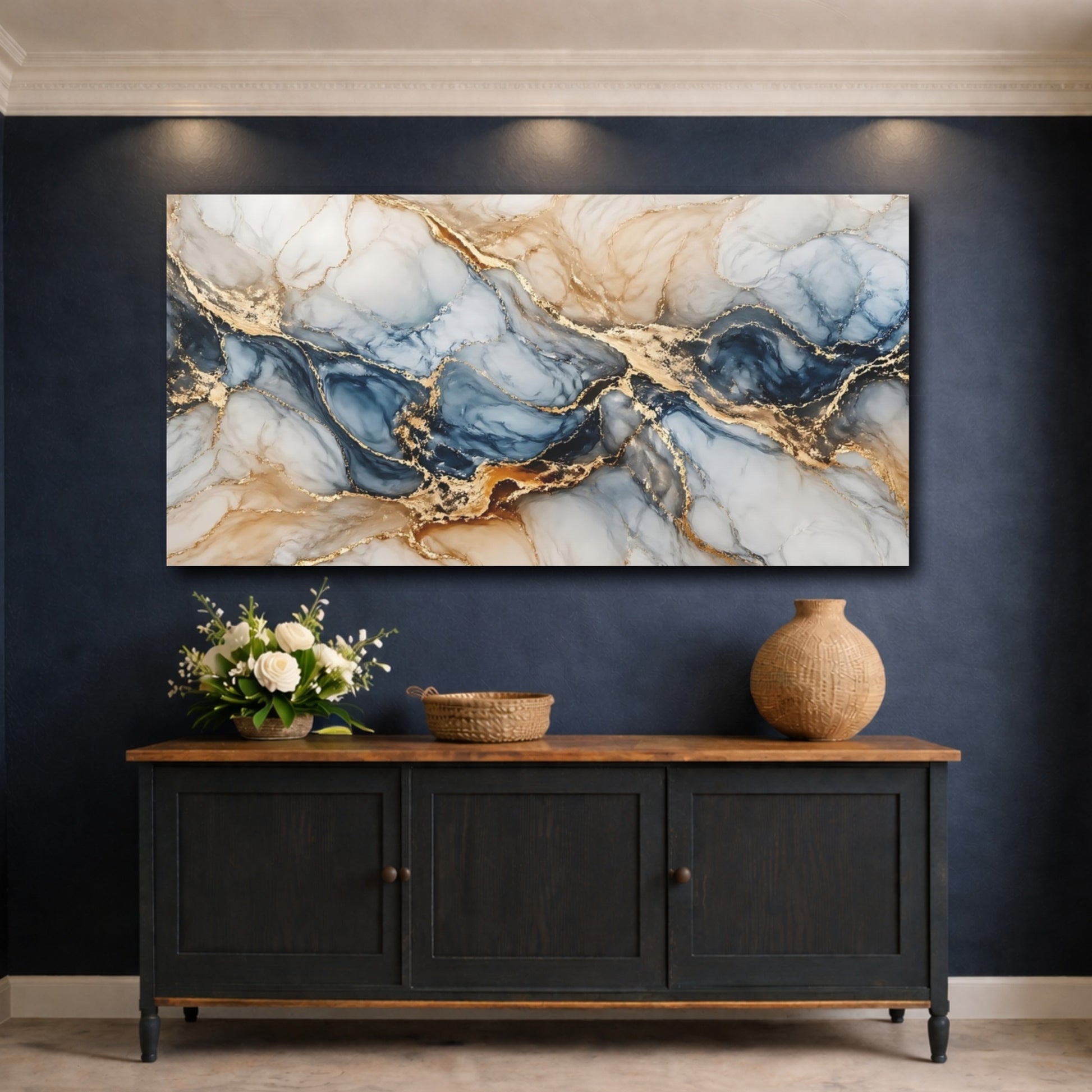 Mockup 4. Abstract Marble Veins Blue Gold Marble shown as stretched canvas wall art