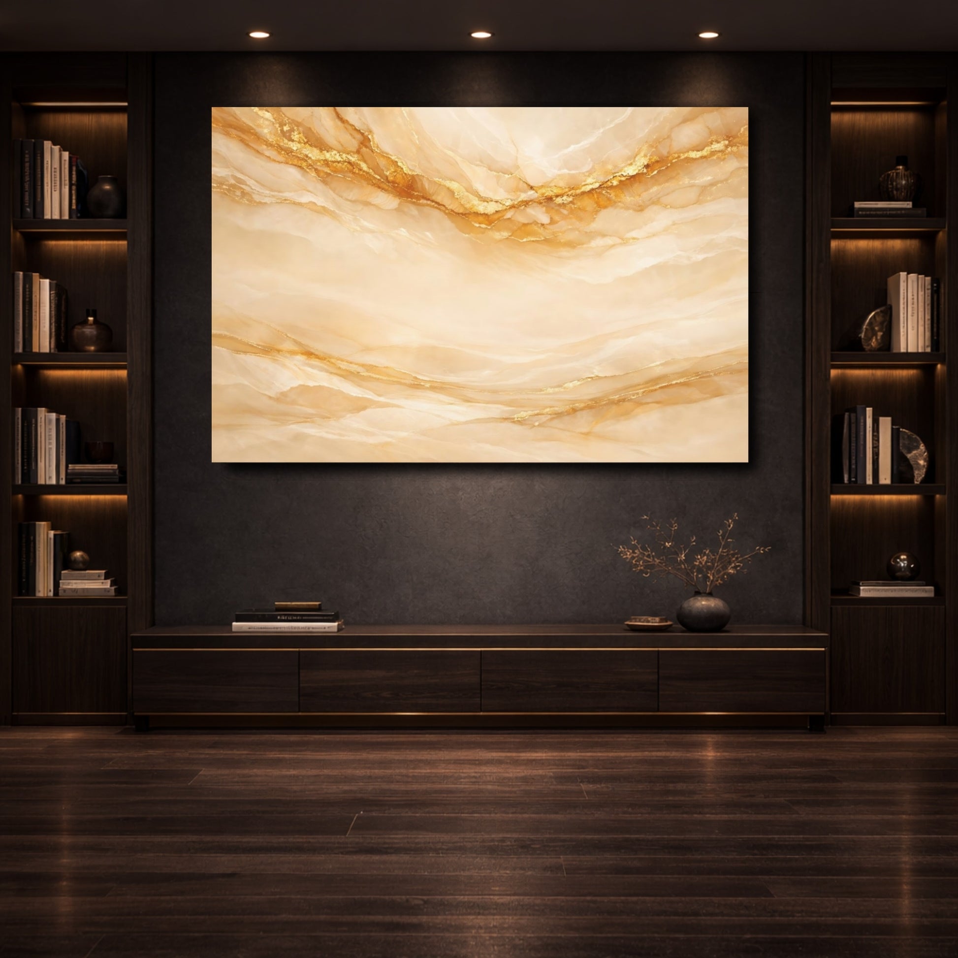 Mockup 3. Abstract Marble Veins Gold Marble Abstract shown as stretched canvas wall art