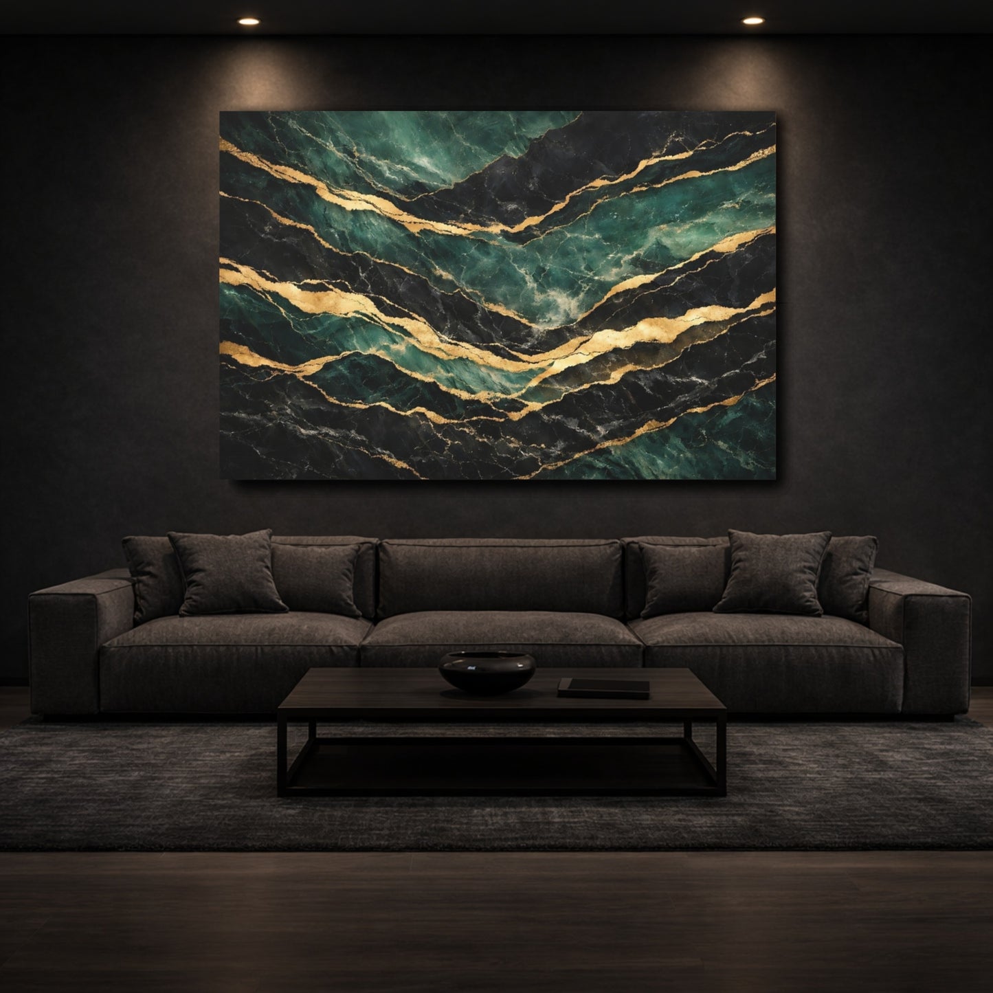 Mockup 2. Abstract Marble Veins Green Black Gold shown as stretched canvas wall art
