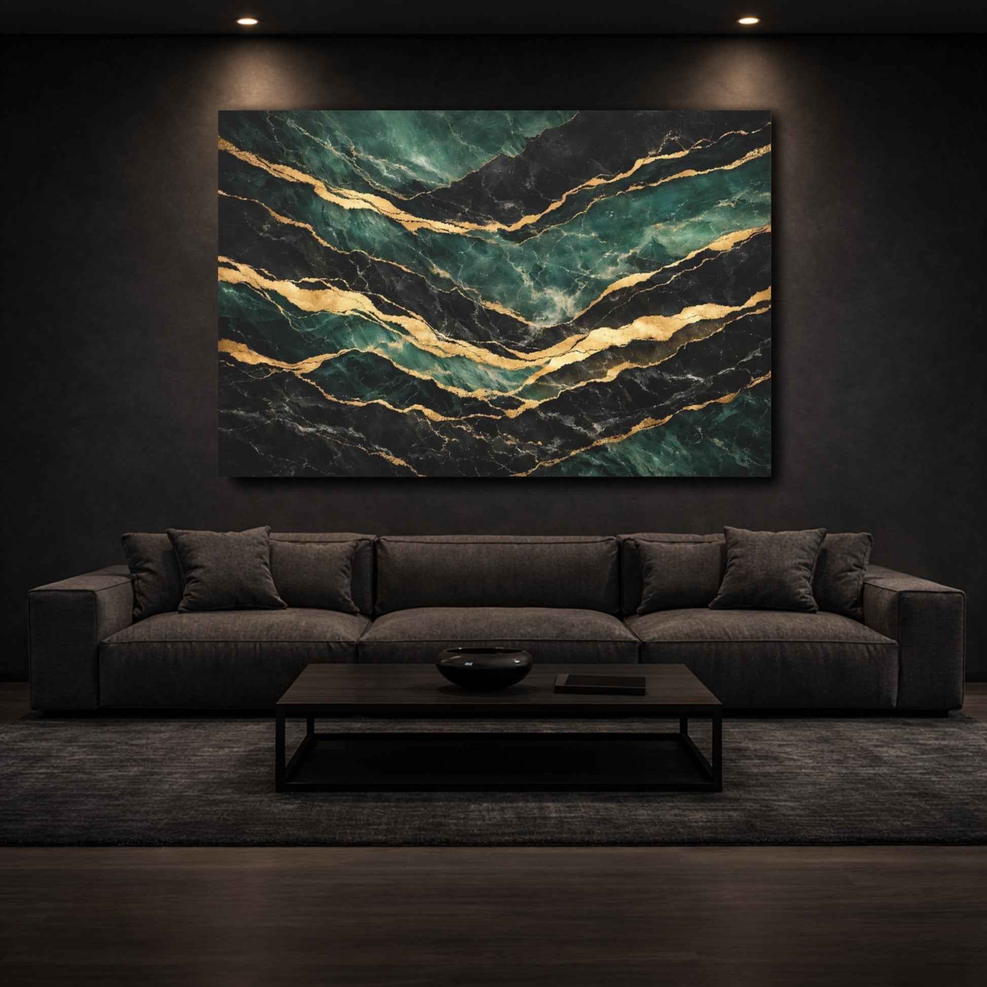 Mockup 2. Abstract Marble Veins Green Black Gold shown as stretched canvas wall art