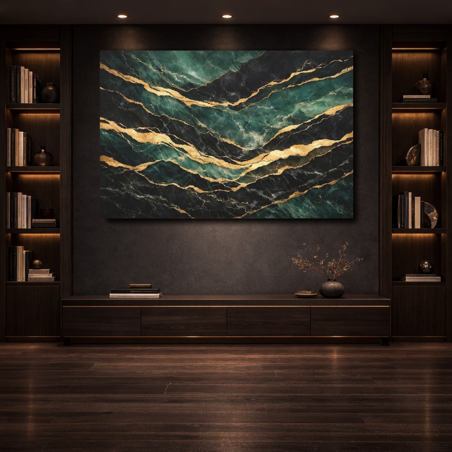 Mockup 3. Abstract Marble Veins Green Black Gold shown as stretched canvas wall art