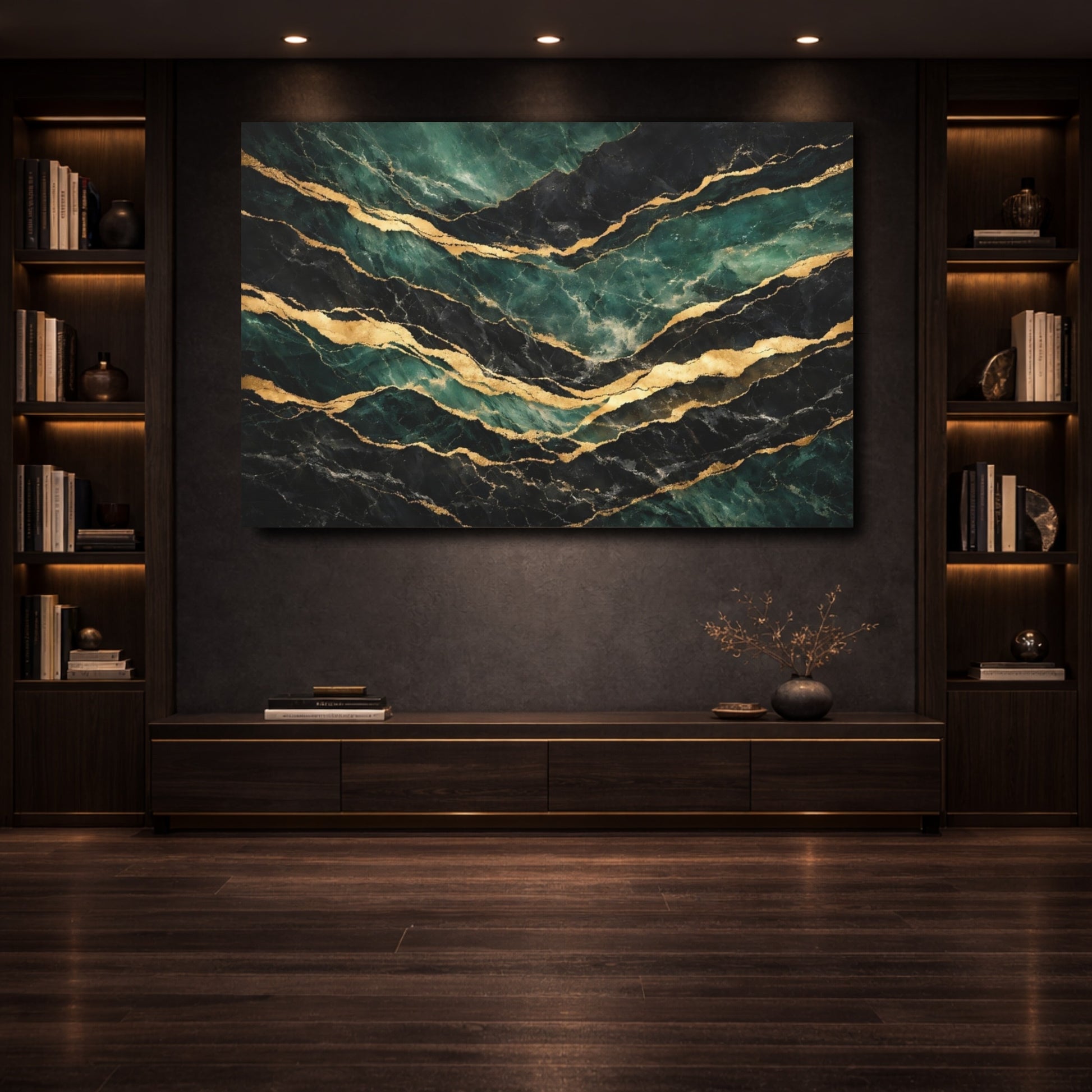 Mockup 3. Abstract Marble Veins Green Black Gold shown as stretched canvas wall art