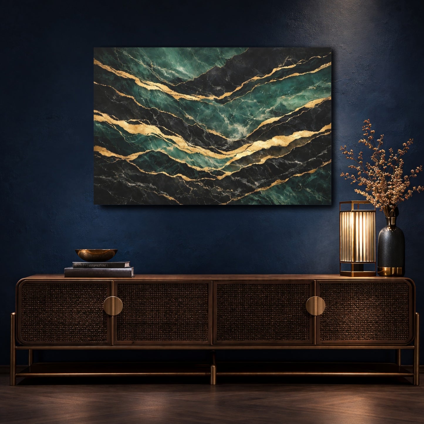 Mockup 4. Abstract Marble Veins Green Black Gold shown as stretched canvas wall art