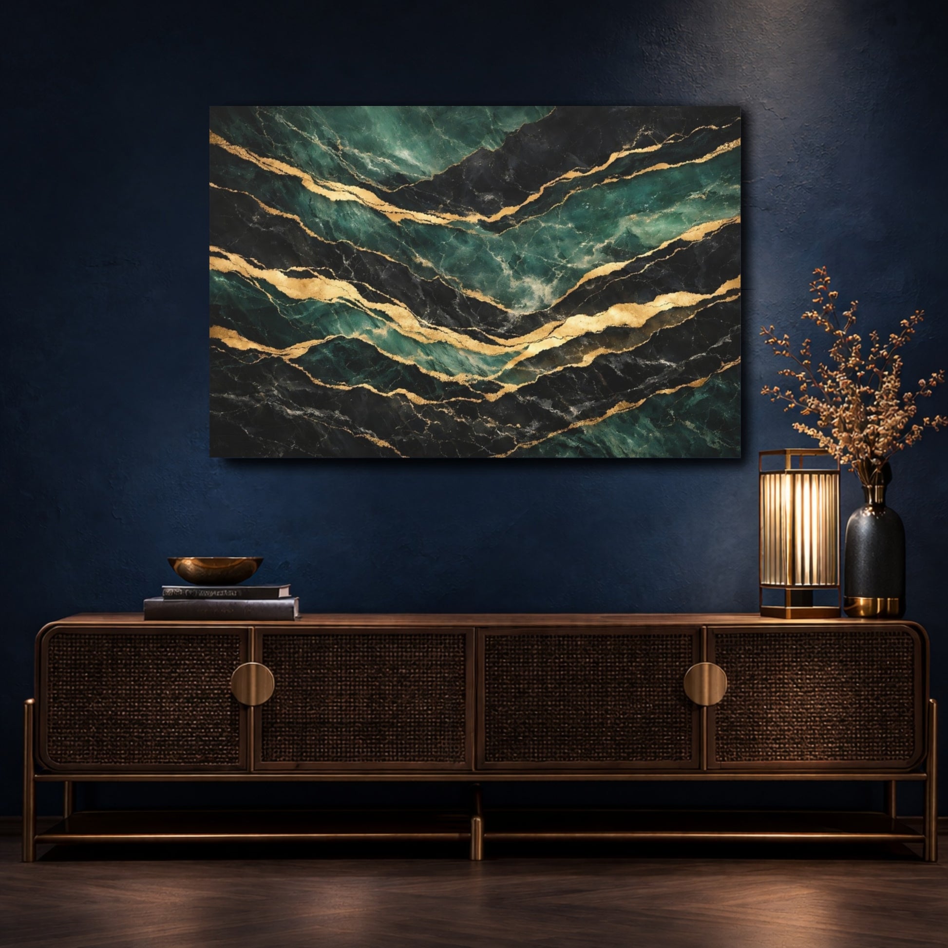 Mockup 4. Abstract Marble Veins Green Black Gold shown as stretched canvas wall art