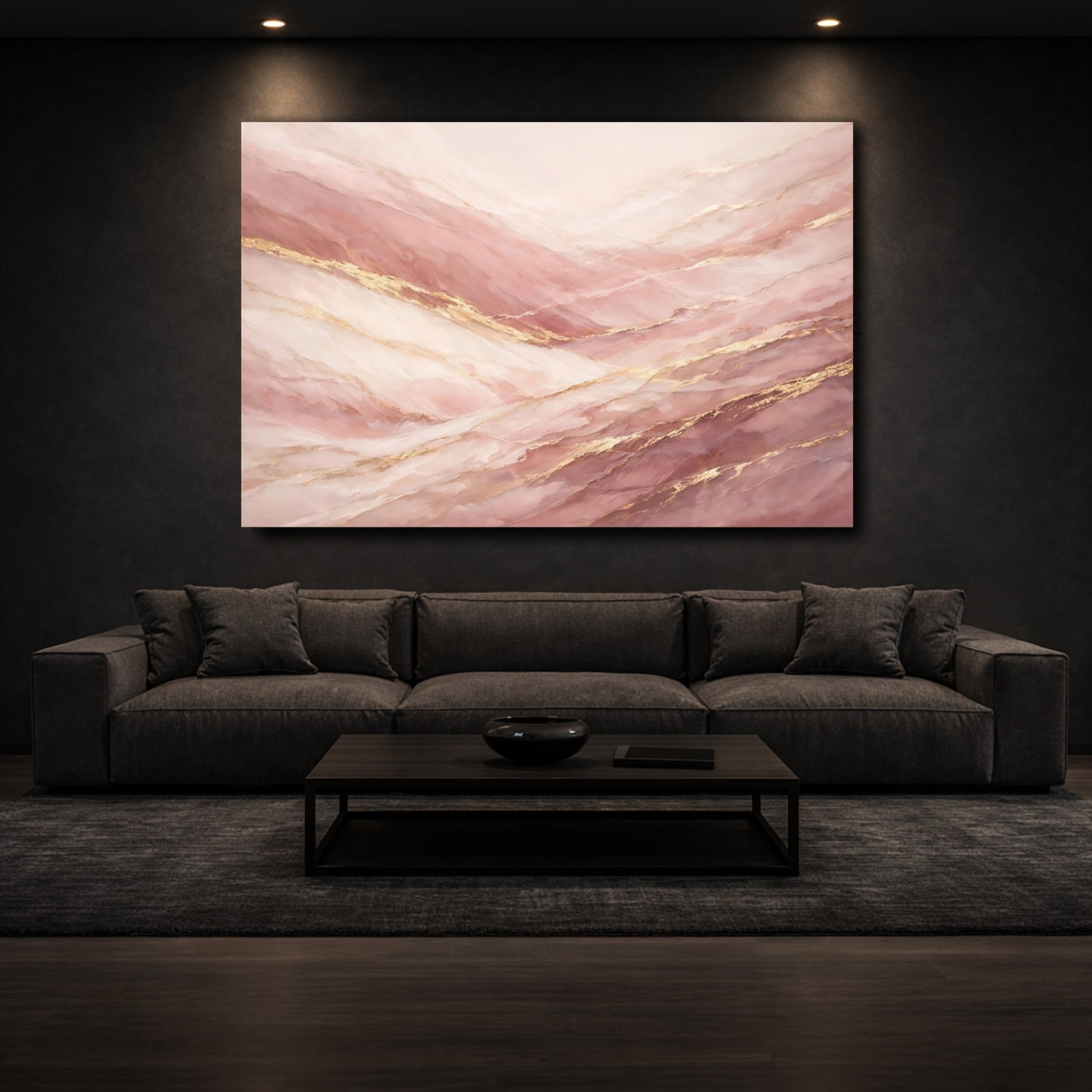 Mockup 2. Abstract Marble Veins Pink And Gold shown as stretched canvas wall art