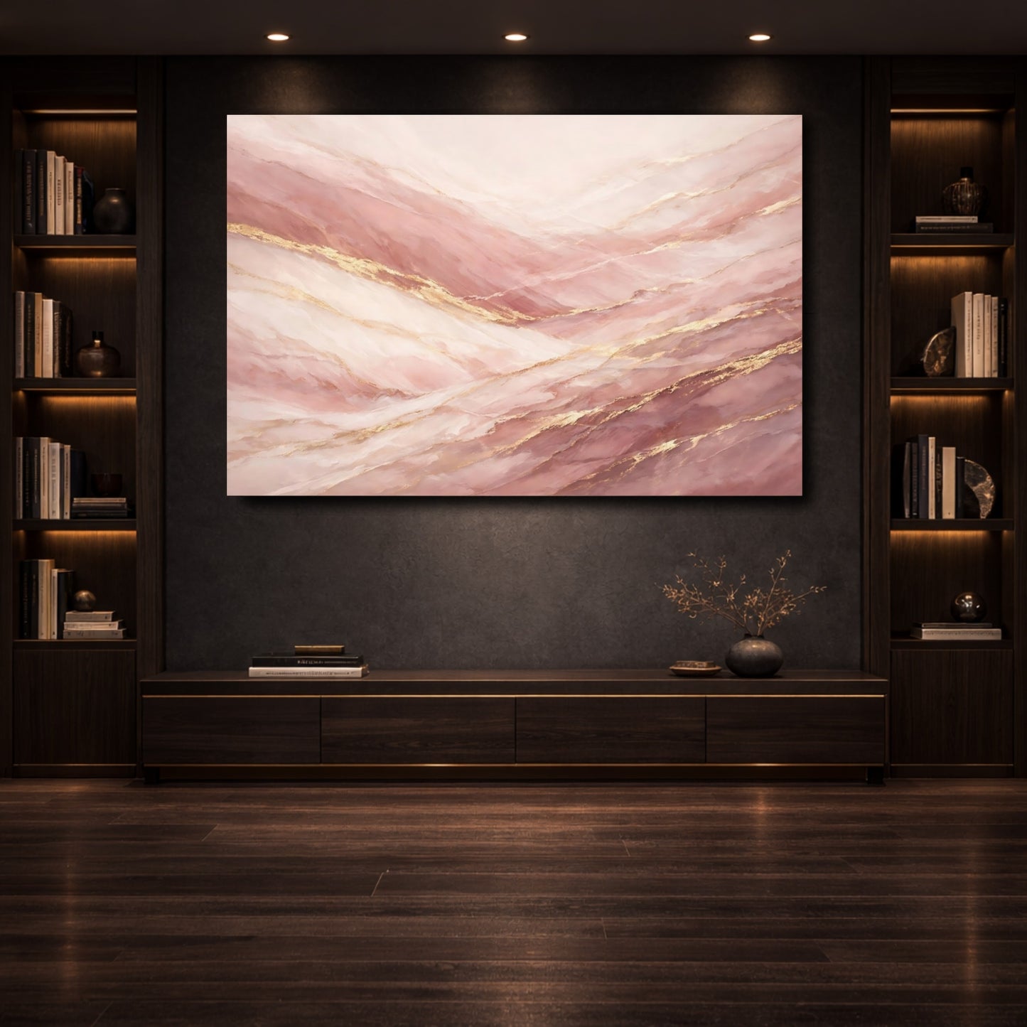 Mockup 3. Abstract Marble Veins Pink And Gold shown as stretched canvas wall art