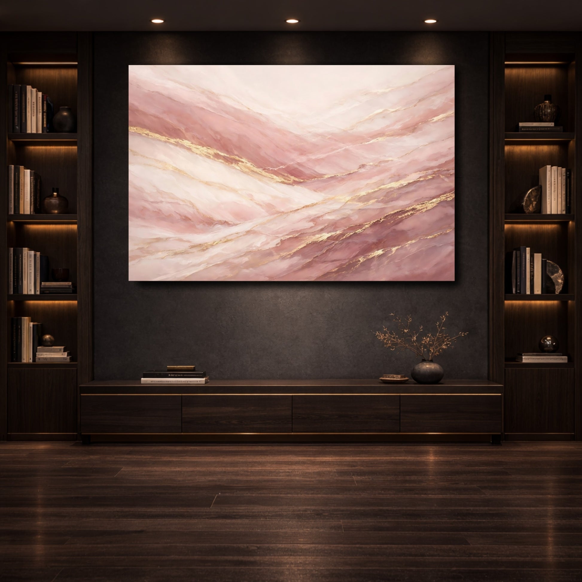 Mockup 3. Abstract Marble Veins Pink And Gold shown as stretched canvas wall art