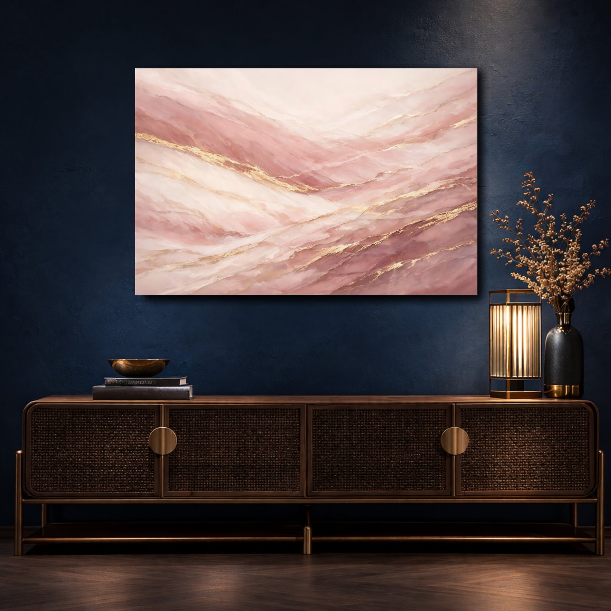 Mockup 4. Abstract Marble Veins Pink And Gold shown as stretched canvas wall art