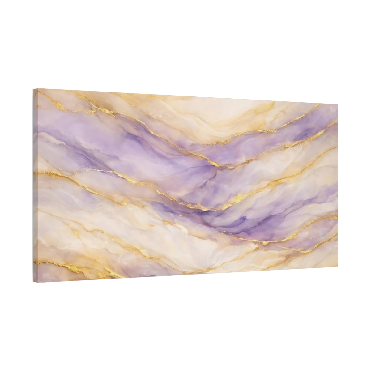 Side Mockup 1. Abstract Marble Veins Purple And Gold shown as stretched canvas wall art