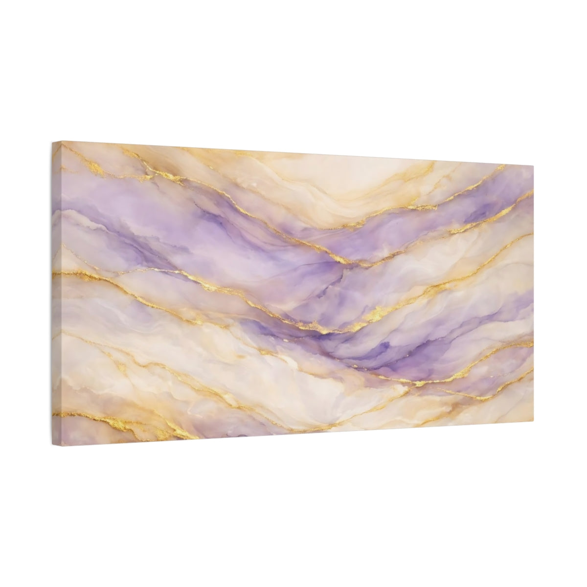 Side Mockup 2. Abstract Marble Veins Purple And Gold shown as stretched canvas wall art