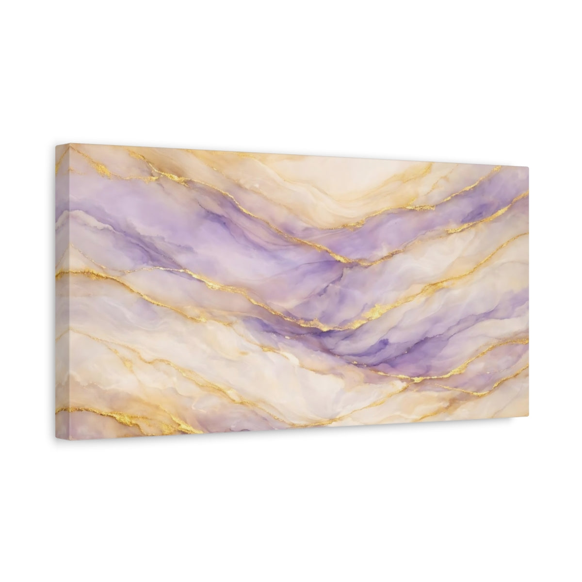 Side Mockup 3. Abstract Marble Veins Purple And Gold shown as stretched canvas wall art