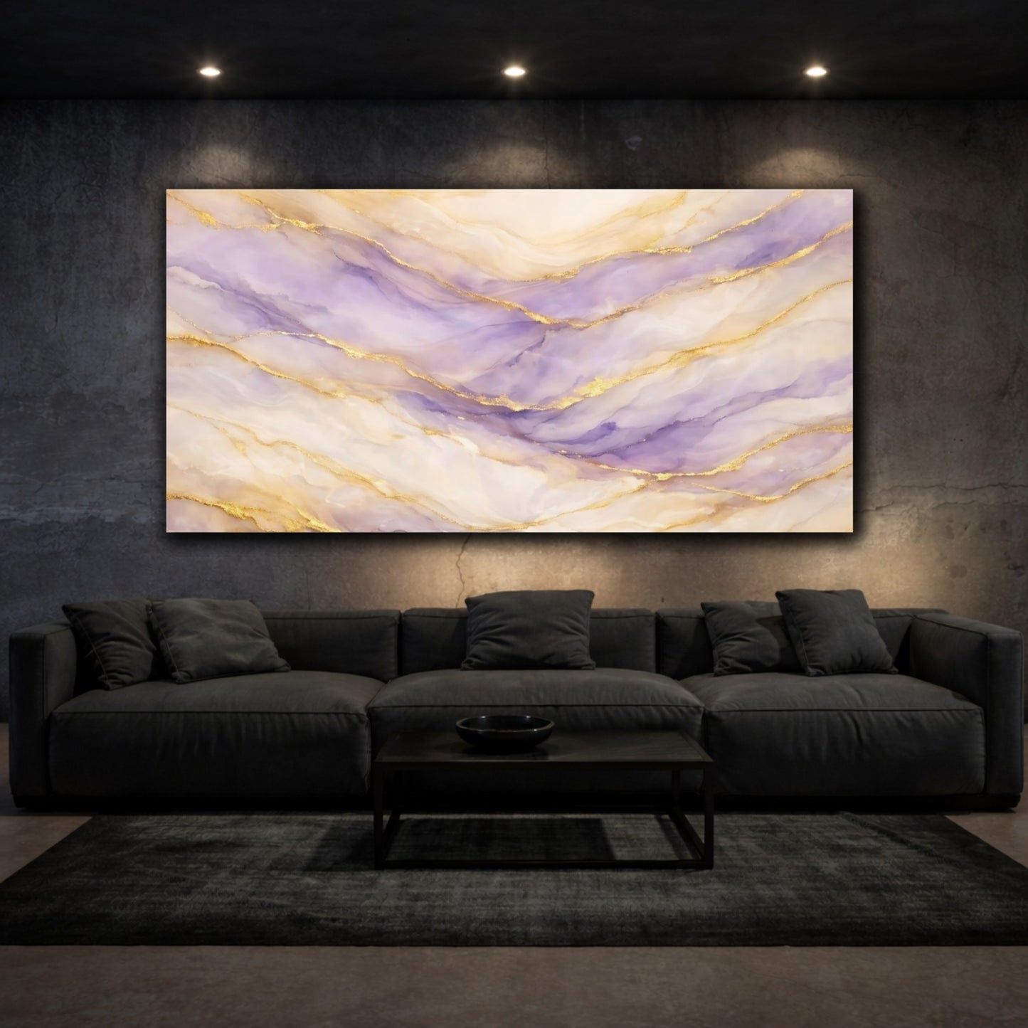 Mockup 2. Abstract Marble Veins Purple And Gold shown as stretched canvas wall art