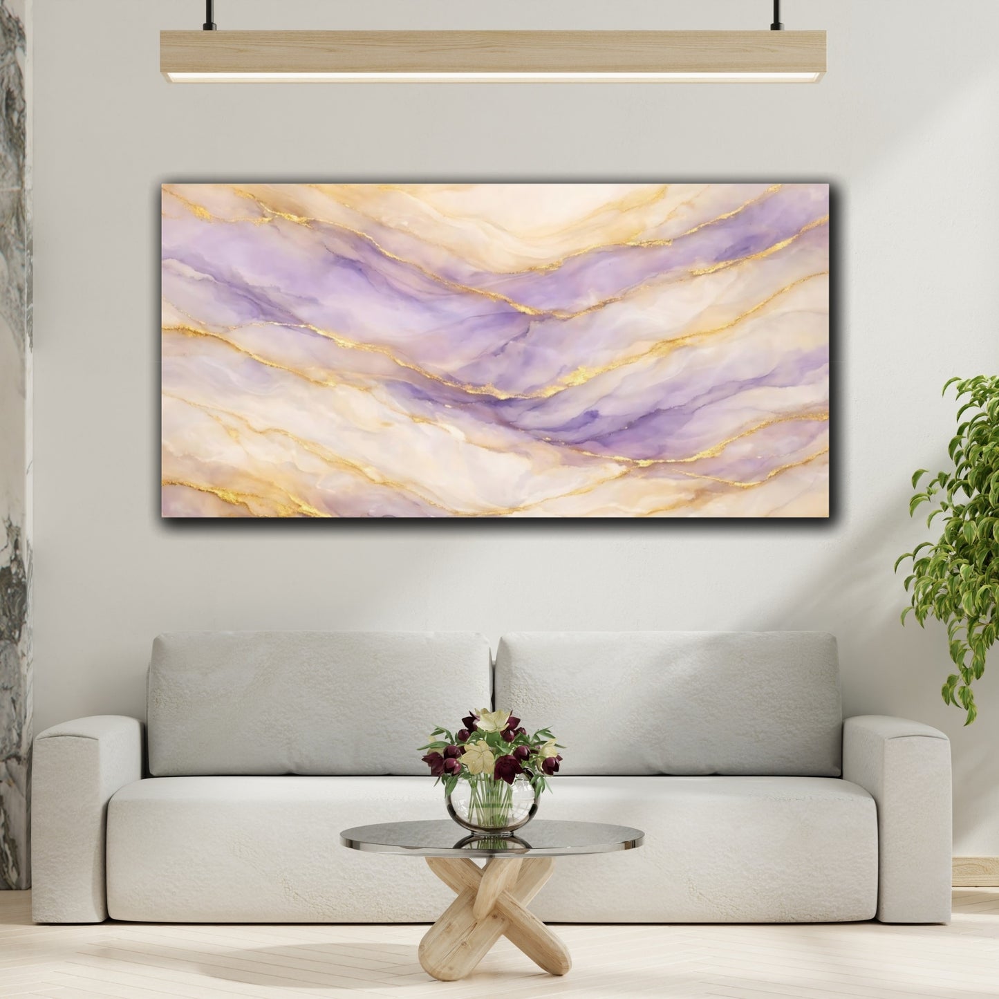 Mockup 3. Abstract Marble Veins Purple And Gold shown as stretched canvas wall art