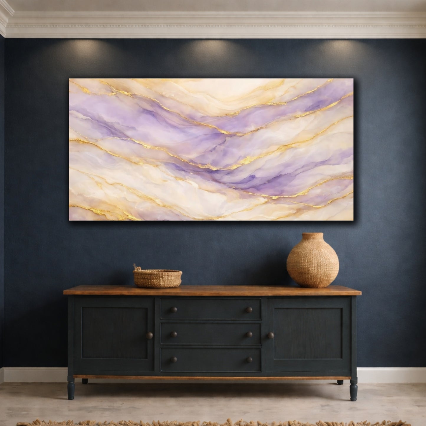 Mockup 4. Abstract Marble Veins Purple And Gold shown as stretched canvas wall art