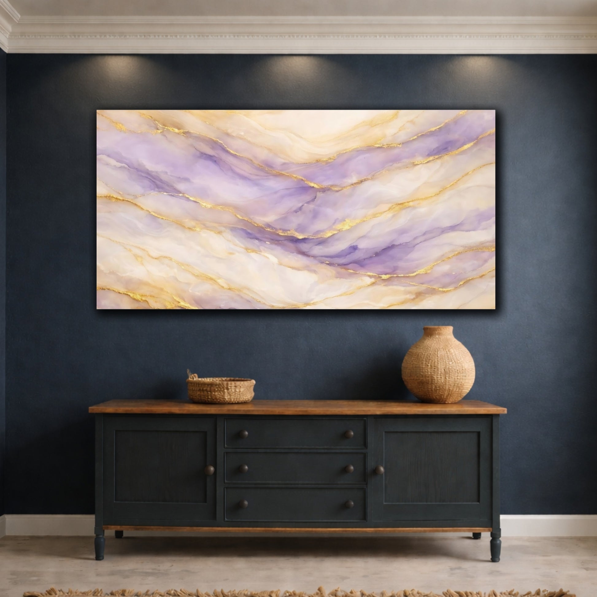 Mockup 4. Abstract Marble Veins Purple And Gold shown as stretched canvas wall art