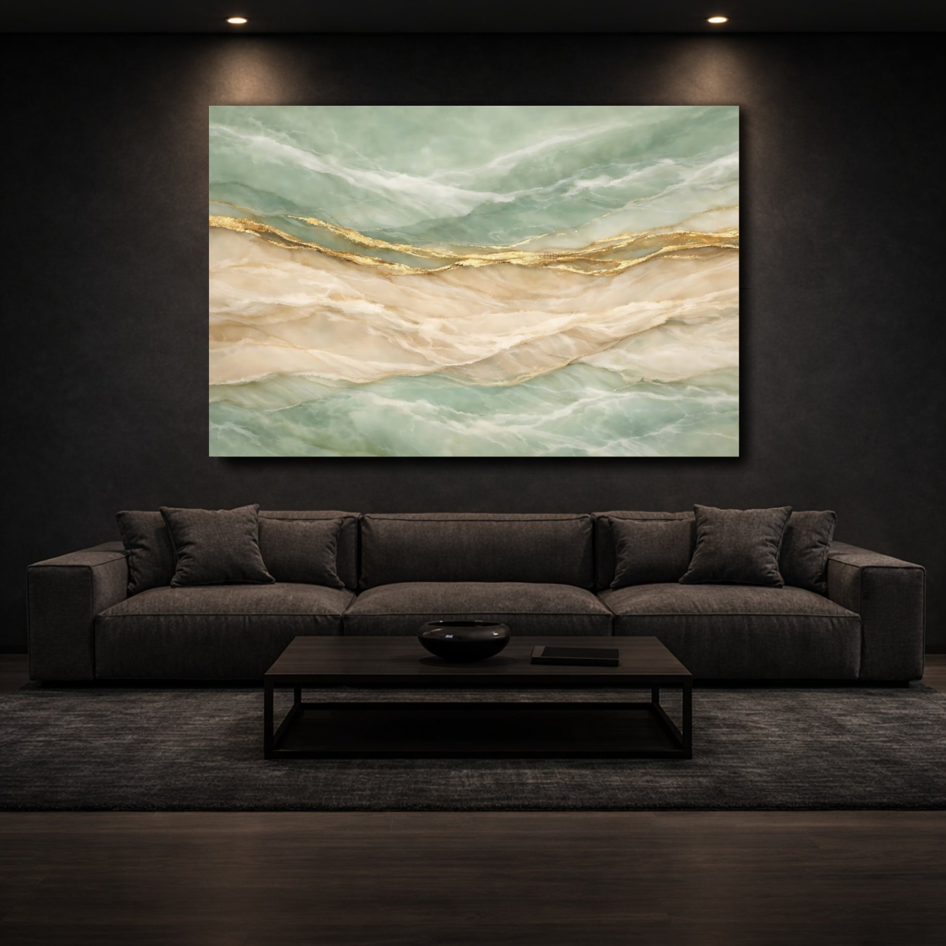 Mockup 2. Abstract Marble Veins Teal Gold Marble shown as stretched canvas wall art