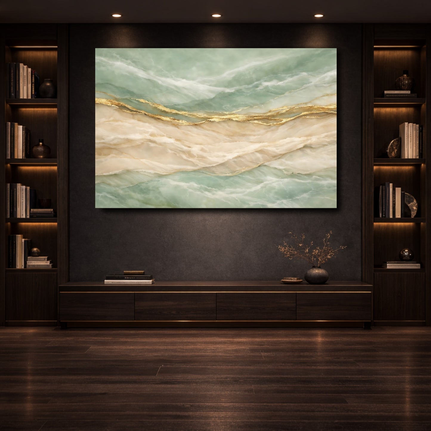Mockup 3. Abstract Marble Veins Teal Gold Marble shown as stretched canvas wall art