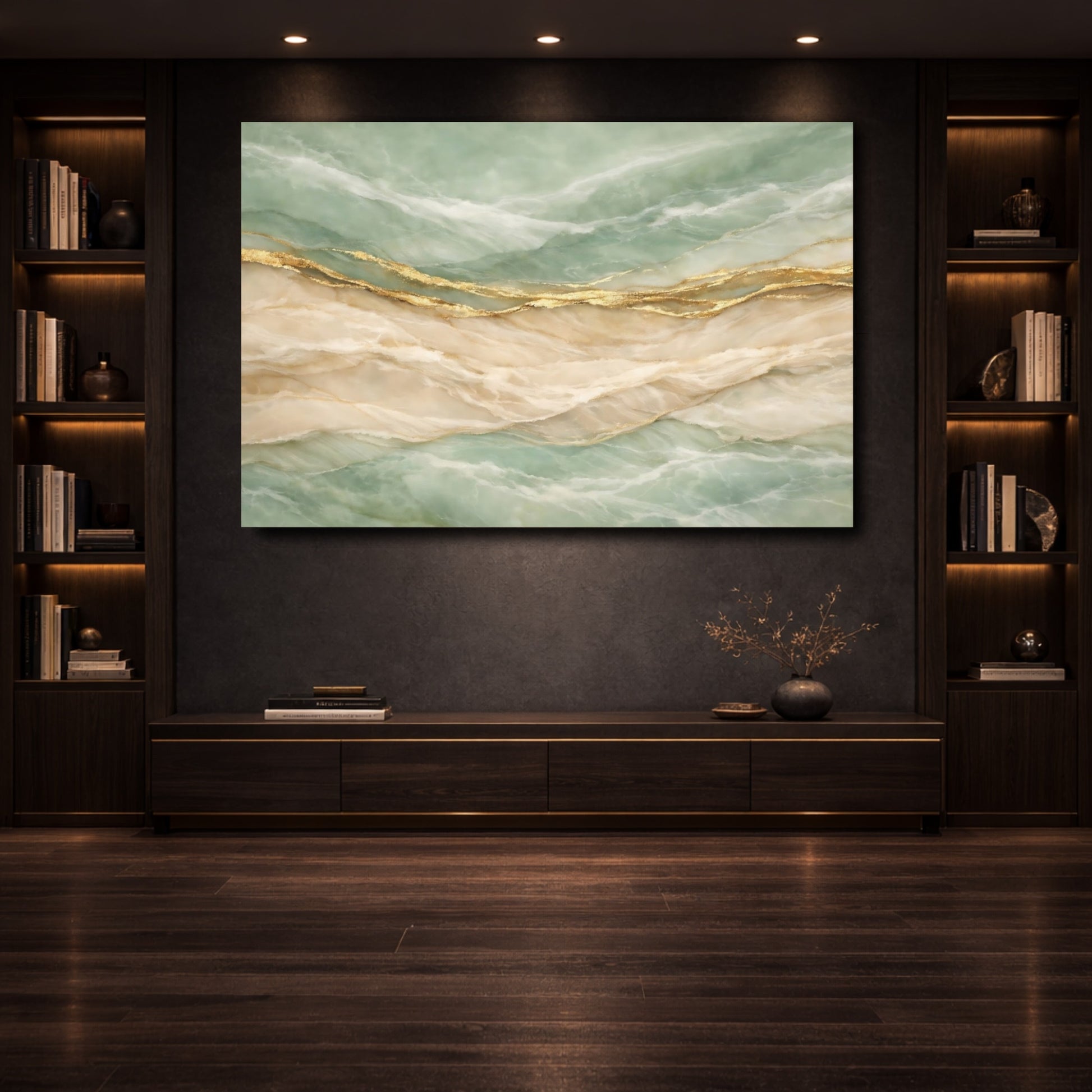 Mockup 3. Abstract Marble Veins Teal Gold Marble shown as stretched canvas wall art
