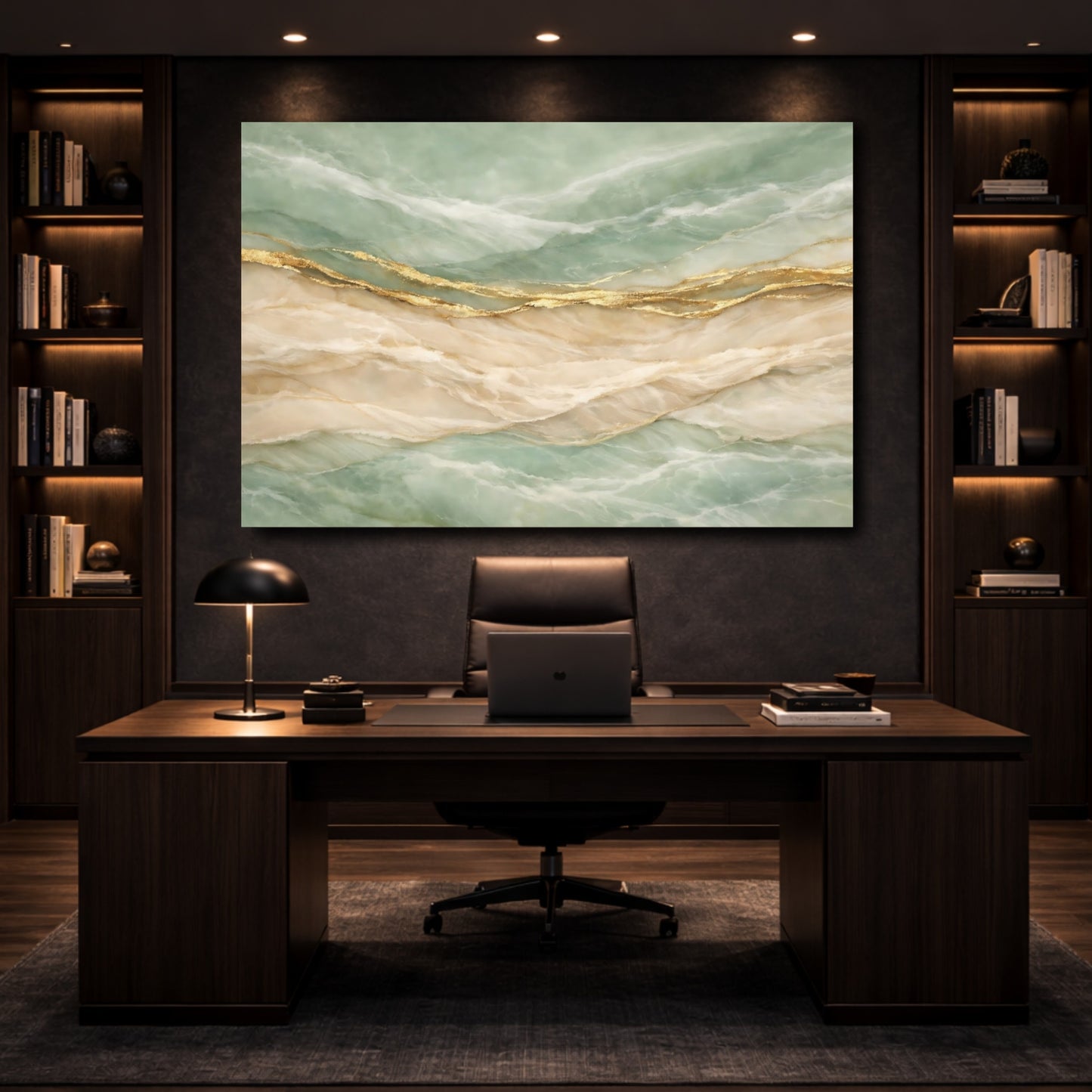 Mockup 4. Abstract Marble Veins Teal Gold Marble shown as stretched canvas wall art